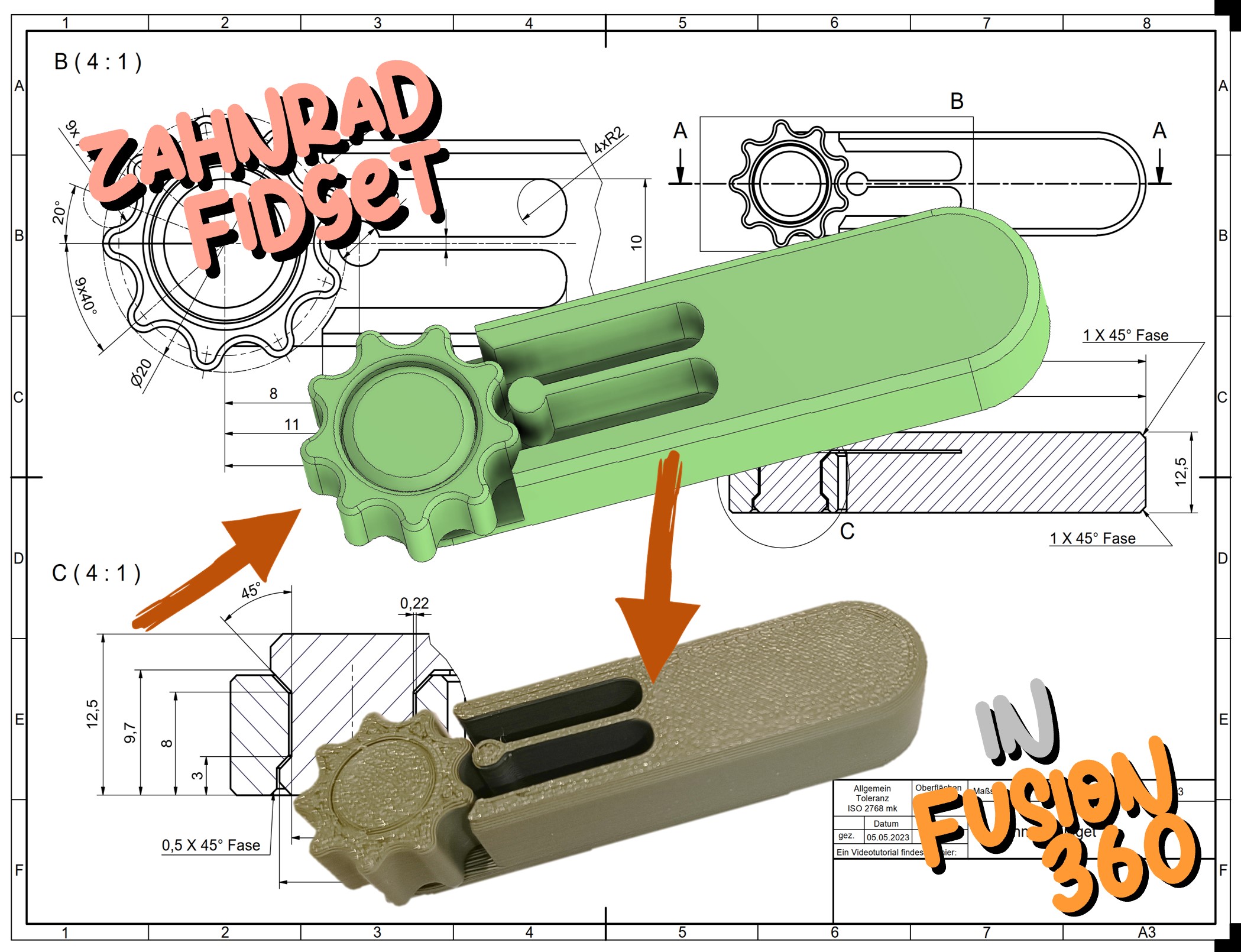 Fusion 360 Übung - print in place Fidget konstruieren (Inklusive Zeichnungen)