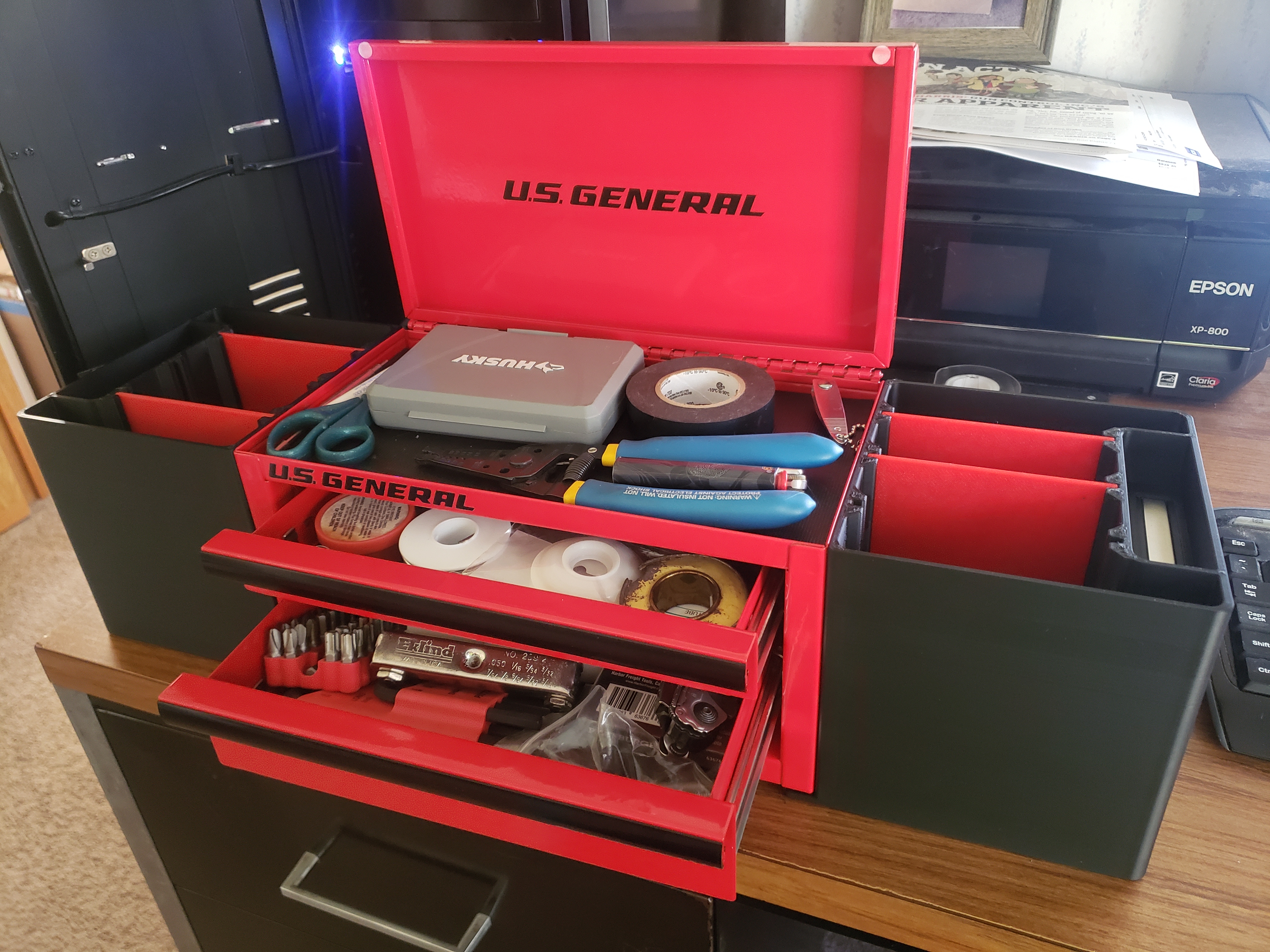 U.S. General Mini Toolbox Bin with handles and dividers.