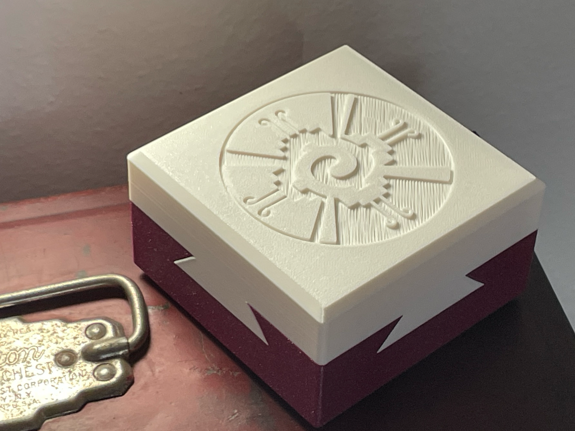 Dovetail puzzle box with secret compartment, Mayan