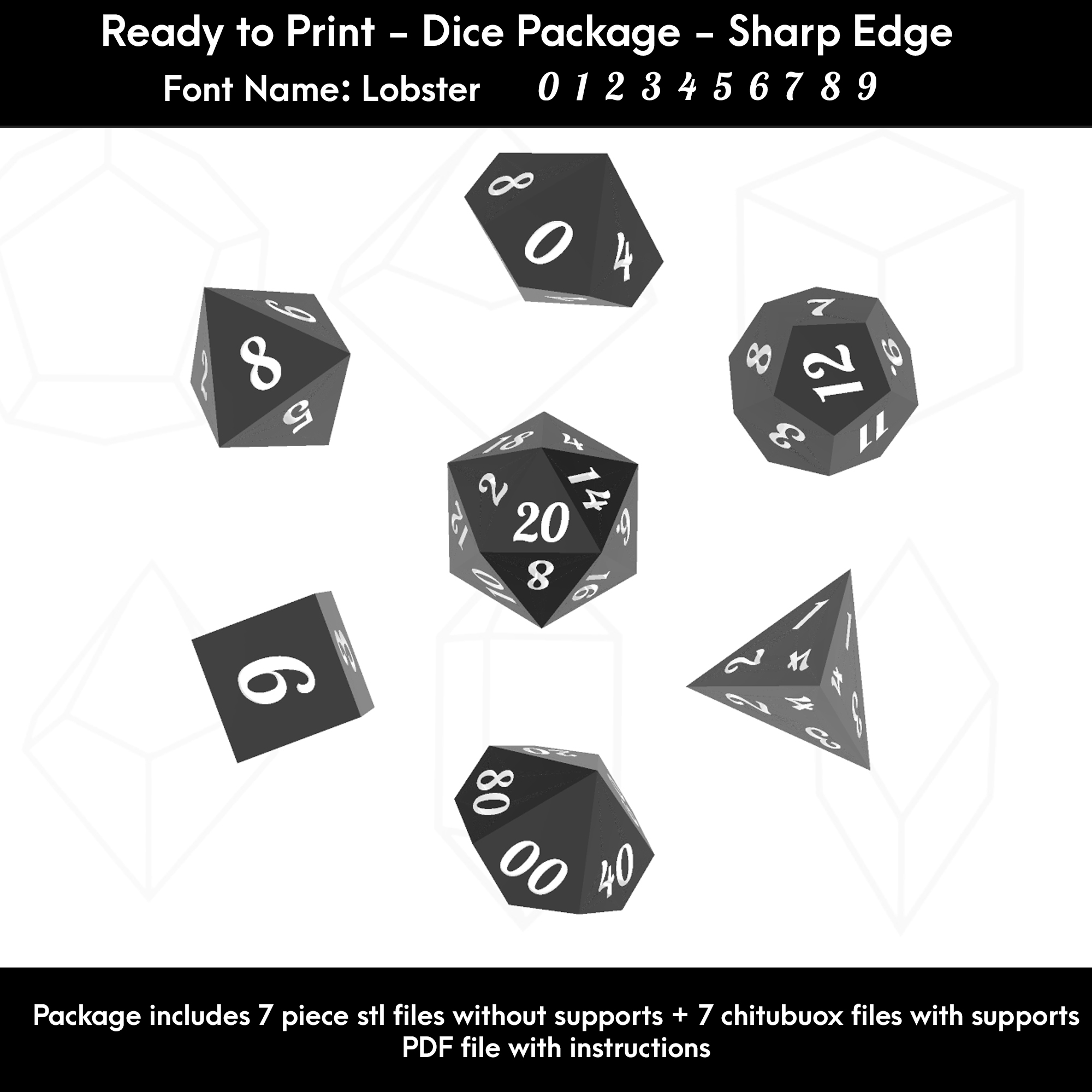 7 Piece Dice Masters Set presupported (Lobster Font)