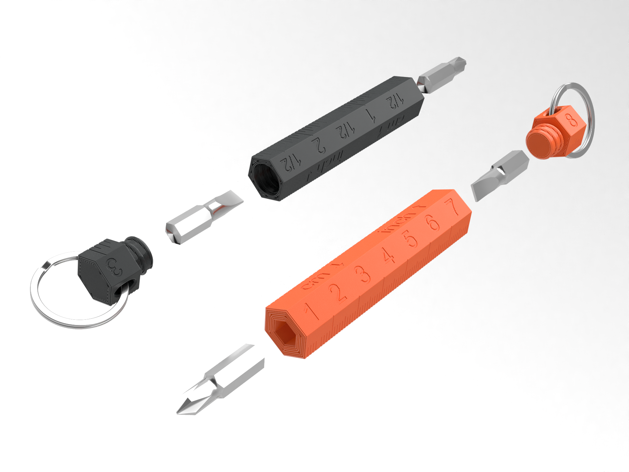 Multi-purpose keychain with screwdriver and integrated rule