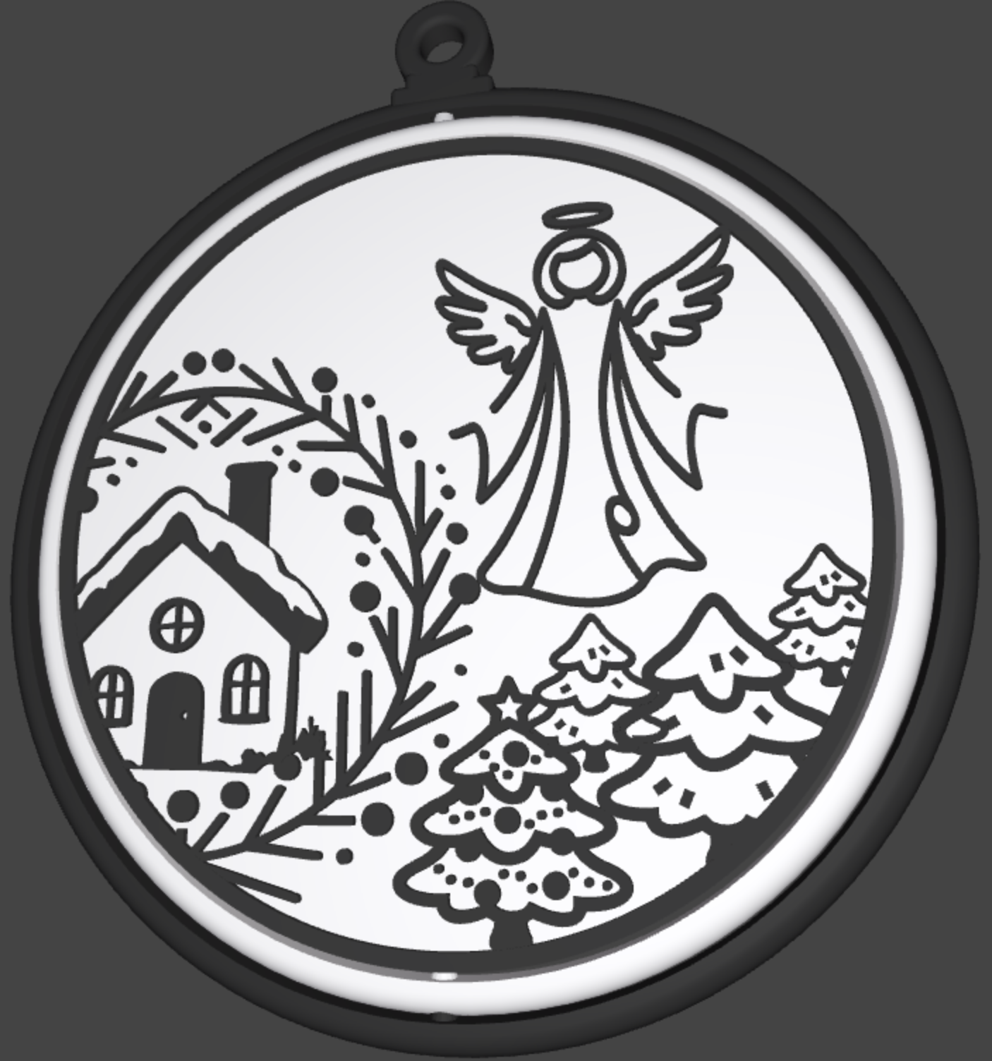 Christmas ornament with trees, angel and house