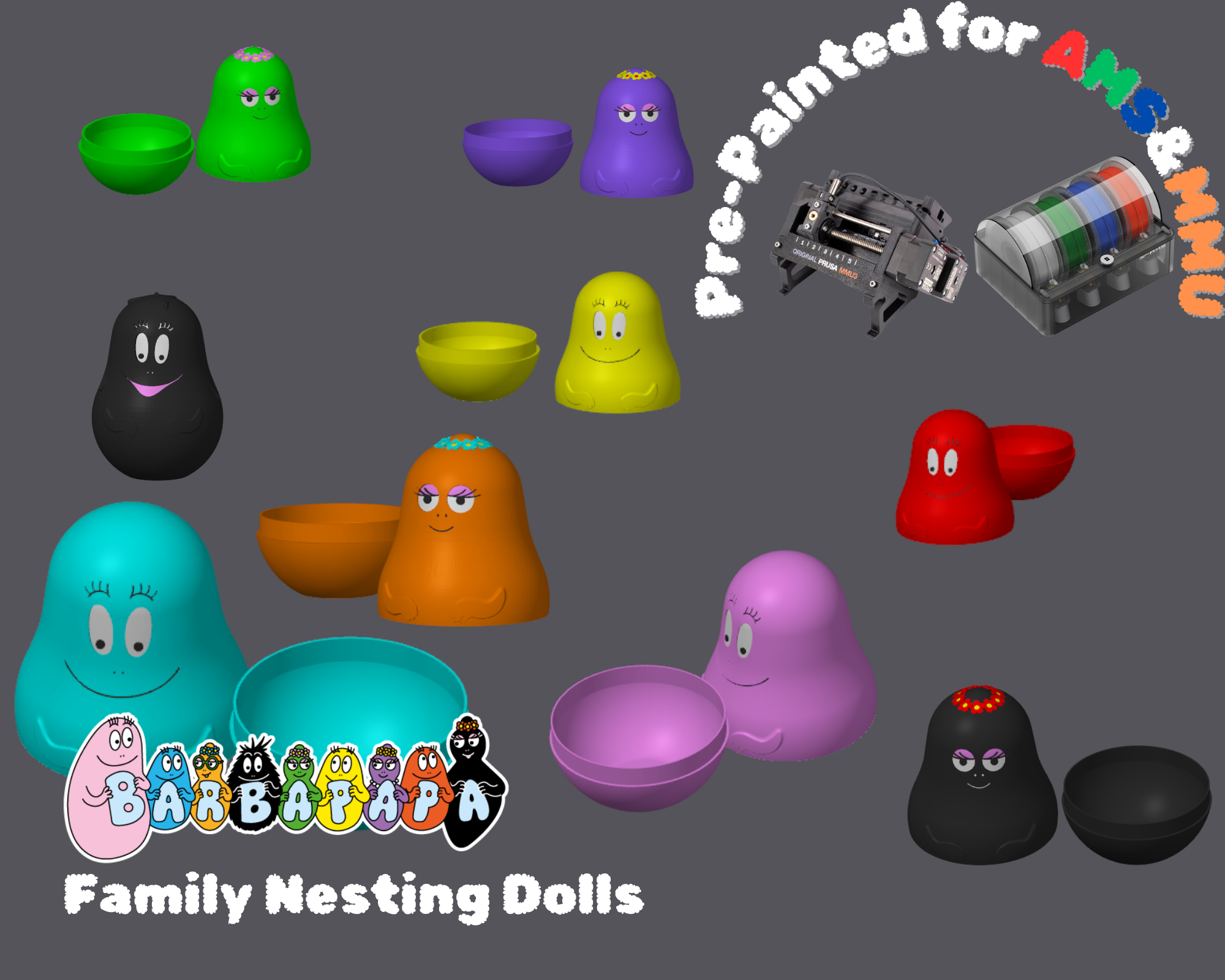 Barbapapa Family Nesting Dolls painted for AMS&MMU