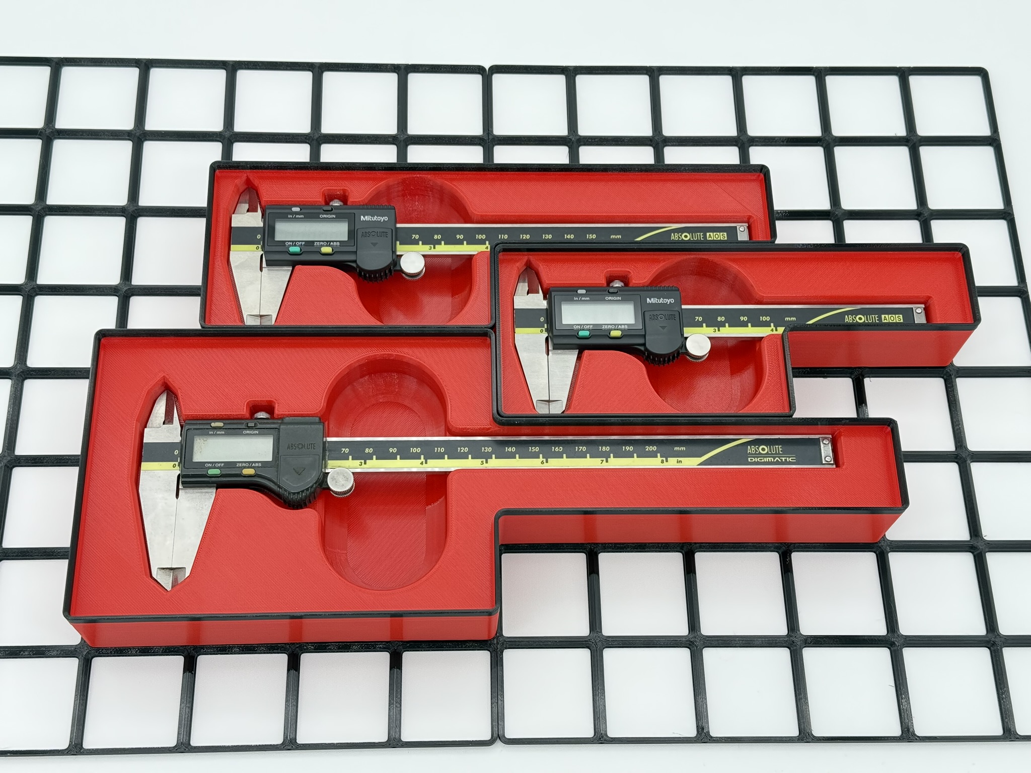 Gridfinity Bins for Mitutoyo Digital Calipers (4in, 6in, and 8in)