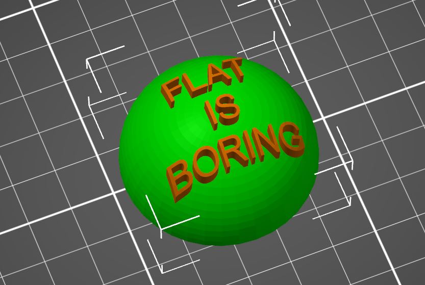 Button "flat is boring", 3D-Slogan