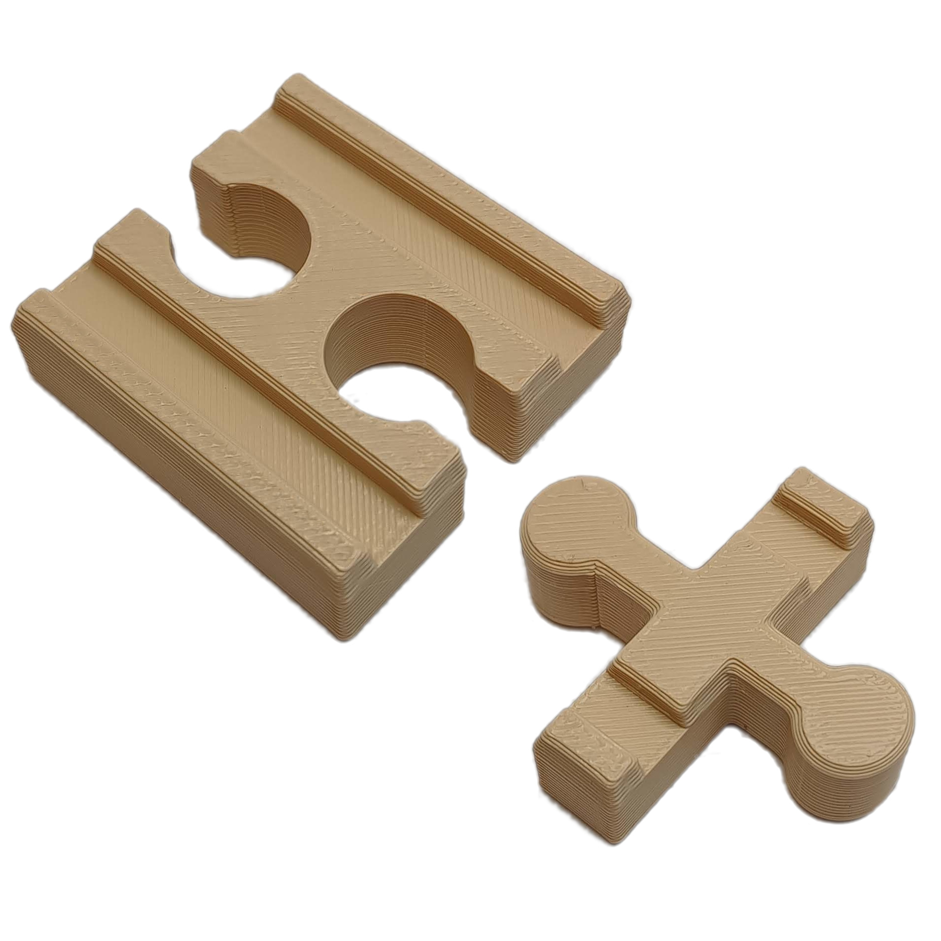 Universal male and female connector for wooden train track dog bone