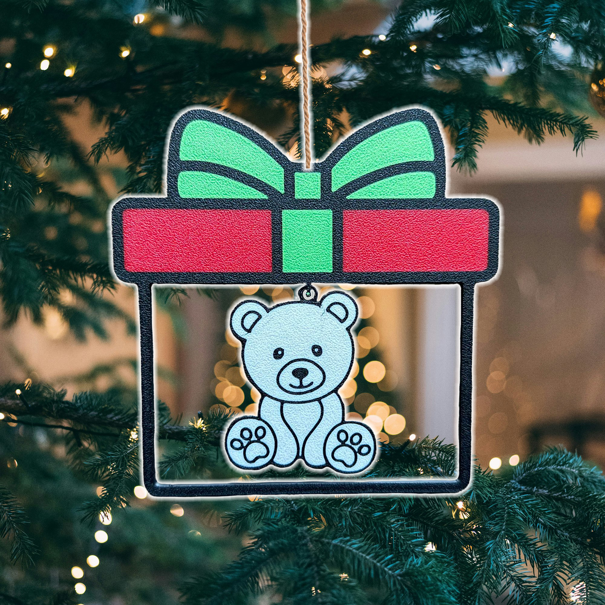 Teddy Bear in a Present Christmas Ornament - Flexi