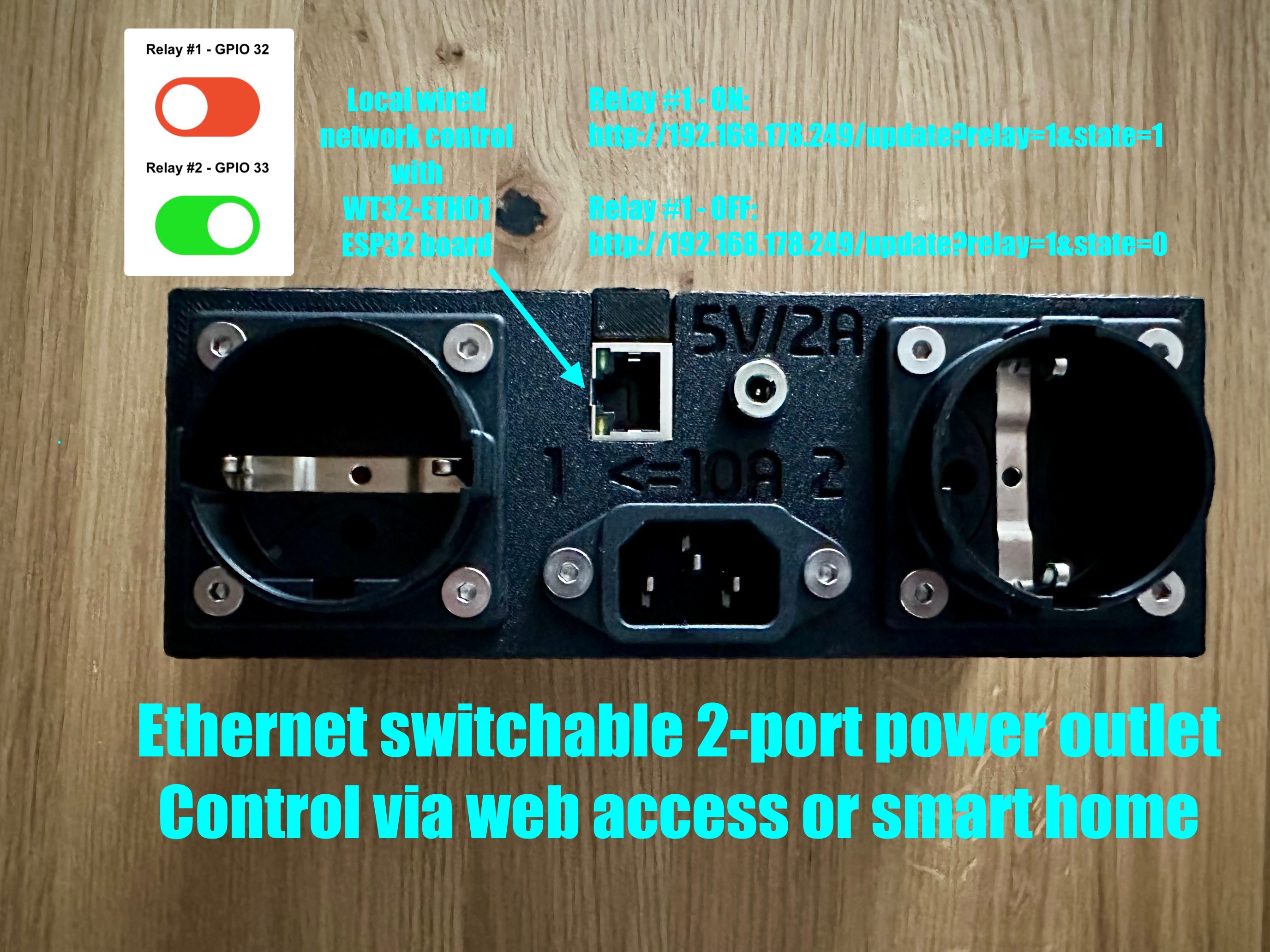 Ethernet switchable 2-port power outlet