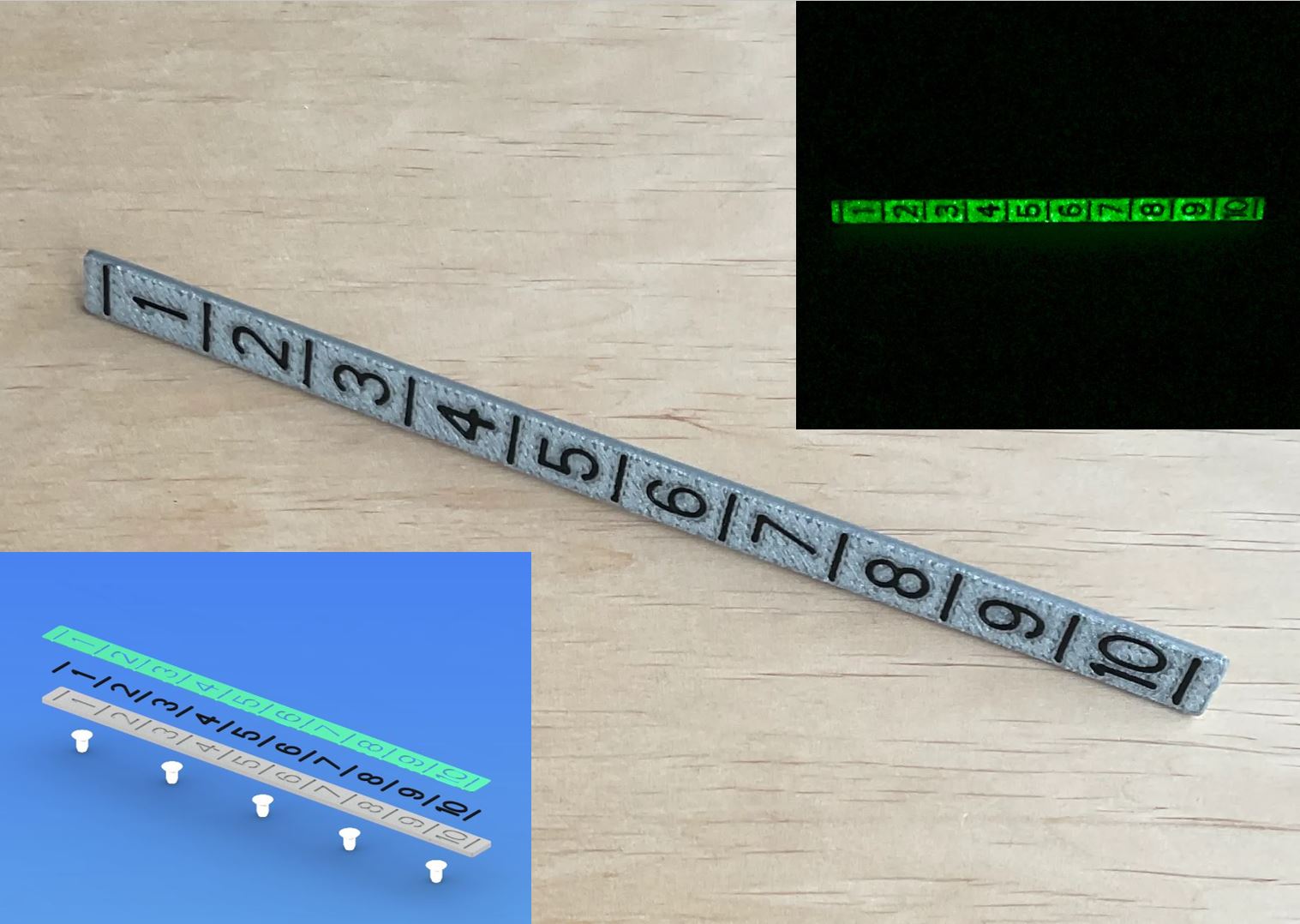 Depth scale for hydraulic of a tractor - glow in the dark with flexible pins