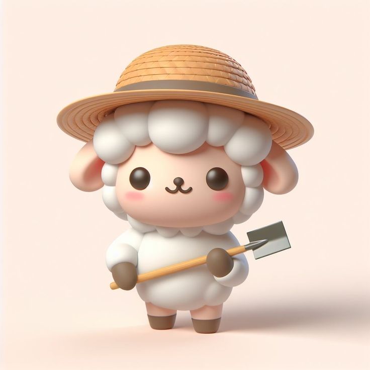 Baby sheep wearing a straw hat Clay character kawaii 3D Model
