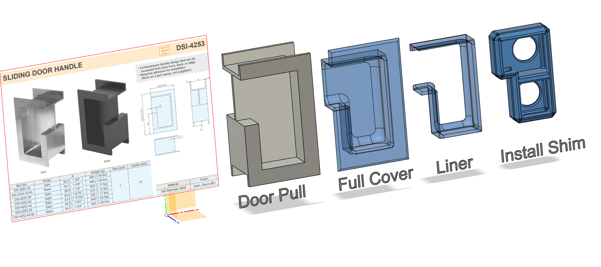 Soft liner/cover insert for Sugatsune DSI-4253-35 sliding door pulls