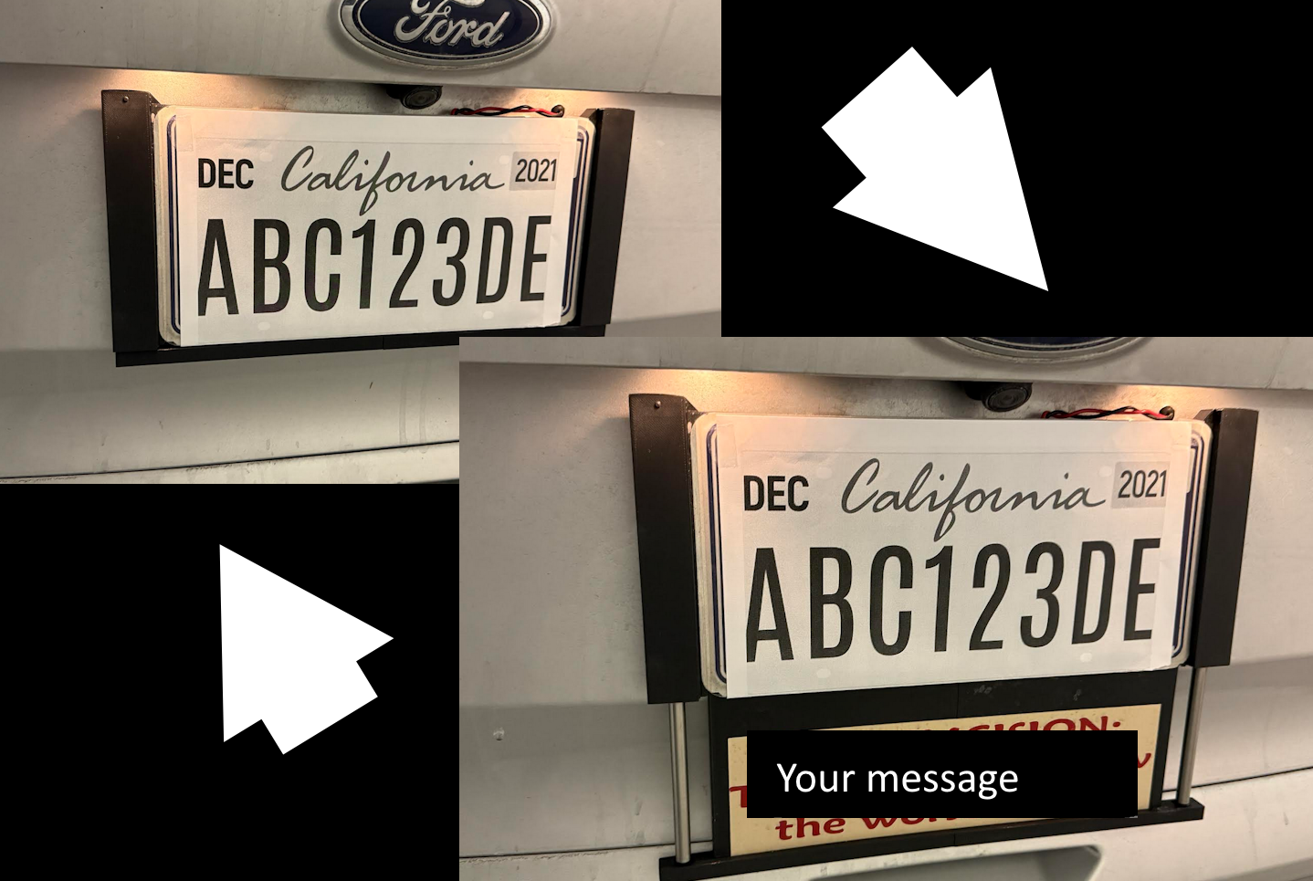 Motorized retractable bumper sticker license plate frame