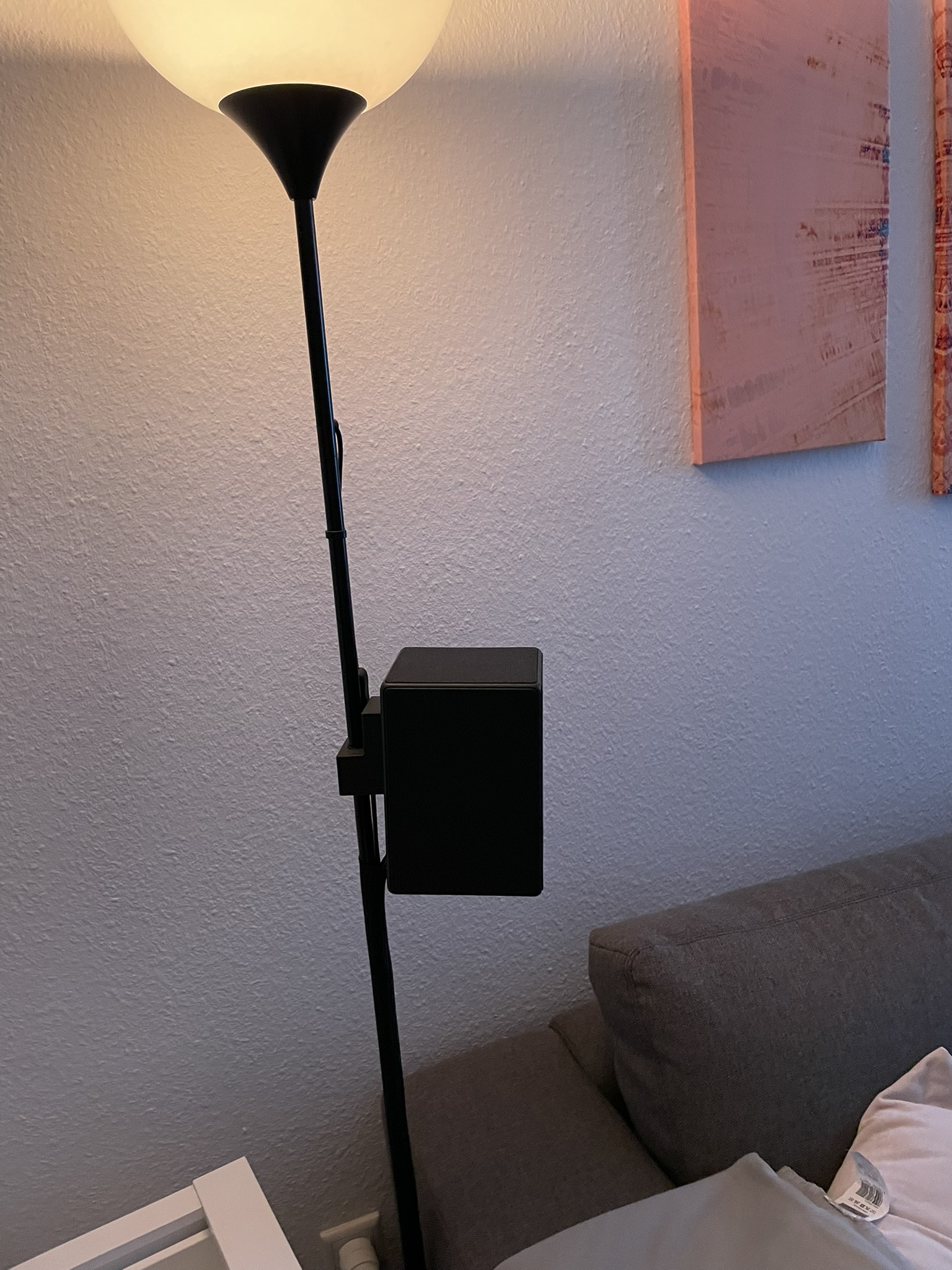 Mount for wireless rear speakers to standing lamp