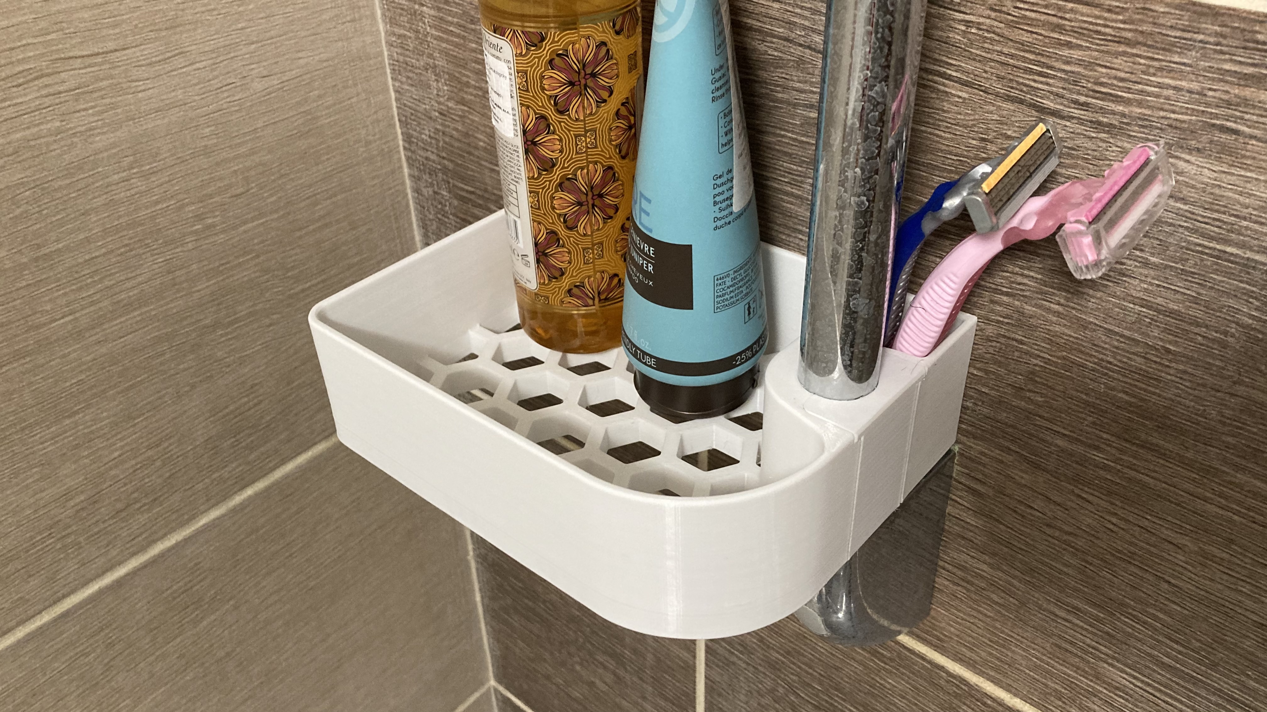 Shower rail shampoo basket