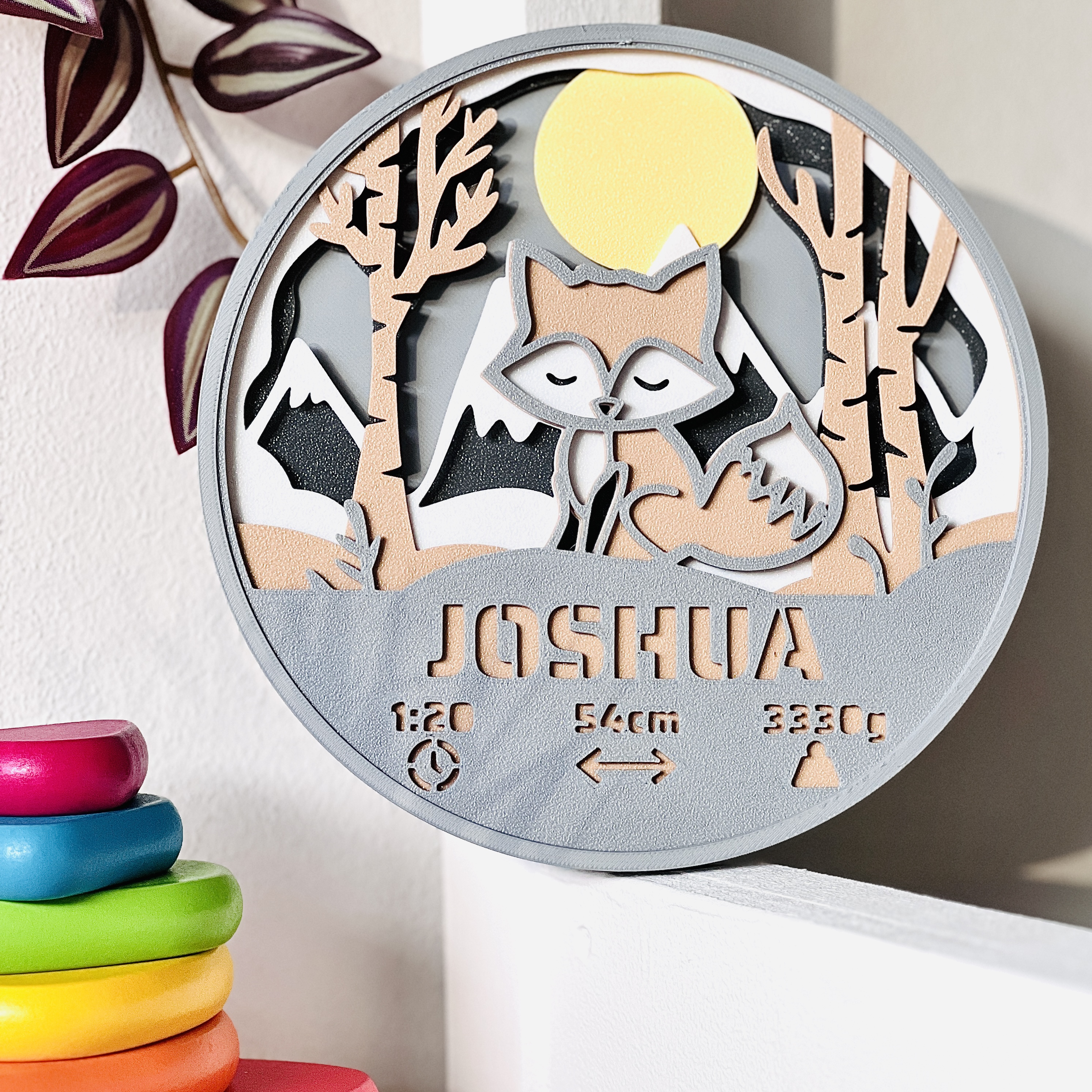 Personalised Birth Keepsake with Fox – Papercut-Style Wall Decoration