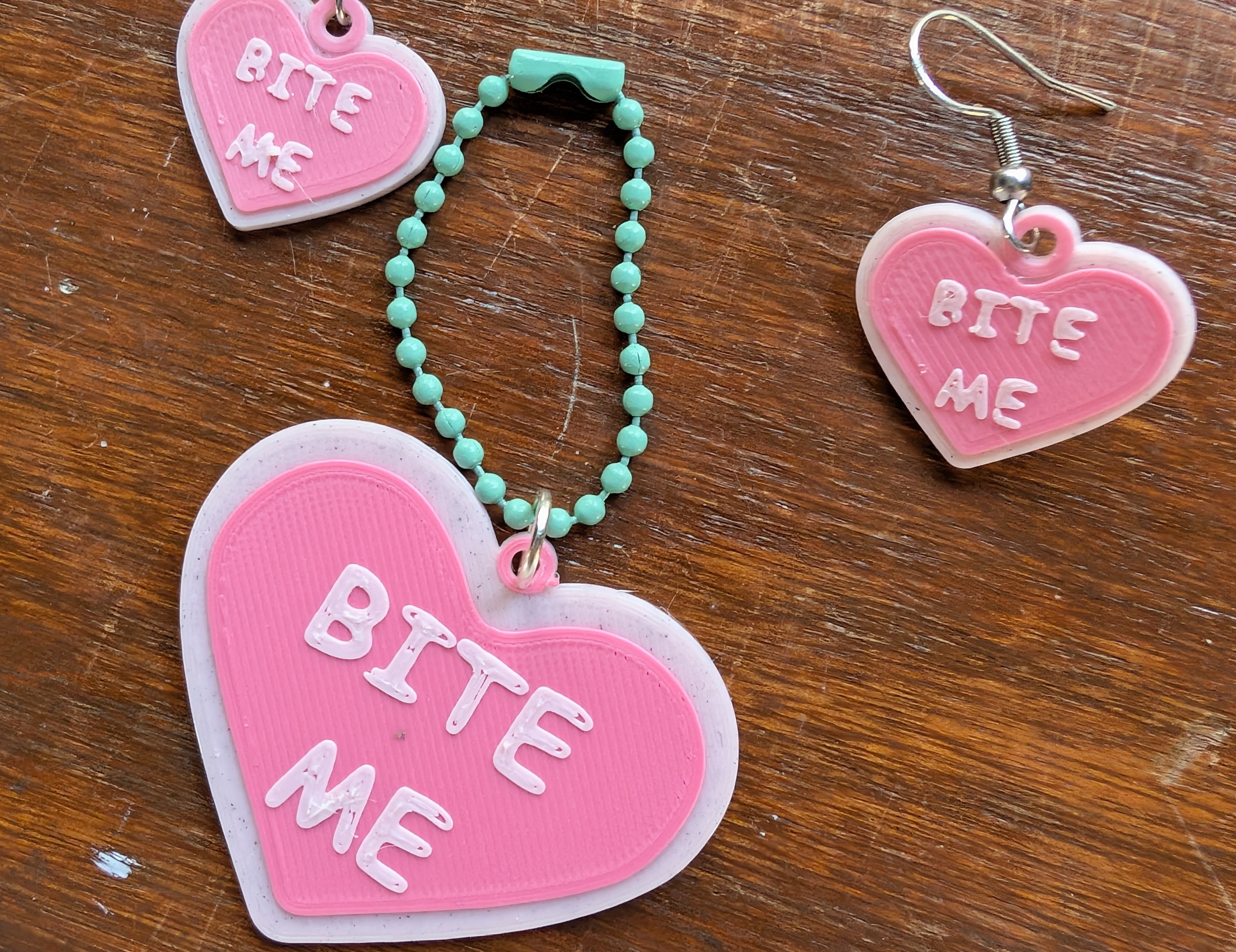 Bite Me Conversation Heart Earring Necklace Keychain and Ornament Set