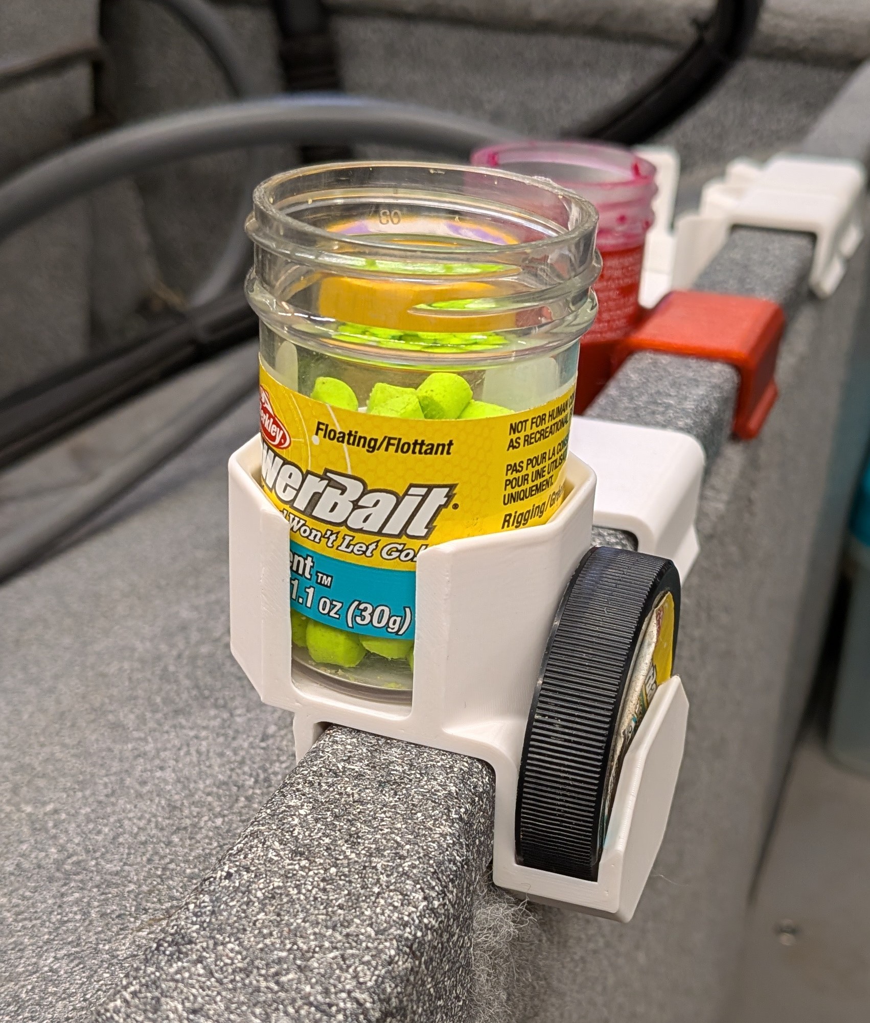 Bait jar holder for fishing, now with lid holder option(s), plus adjustability (PowerBait, Gulp, etc.)