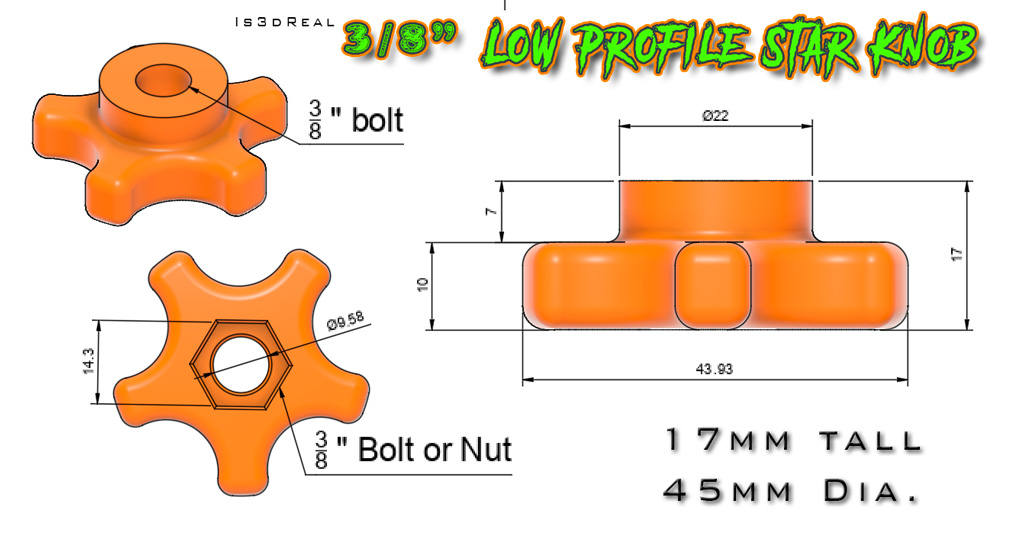 Star Knob Low Profile - accepts 3/8" bolt/nut