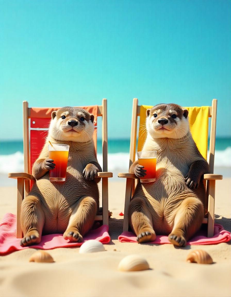 Otter Parents at the Beach Drinking iced tea.