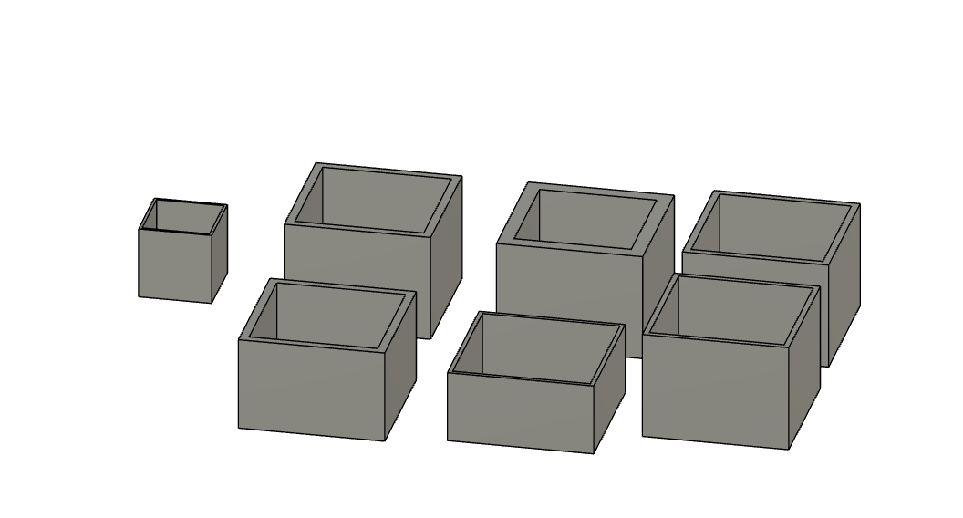 Extrusion multiplier calibration test cubes open 2 wall , .2, .3, .4, .5, .6, .8, 1.0