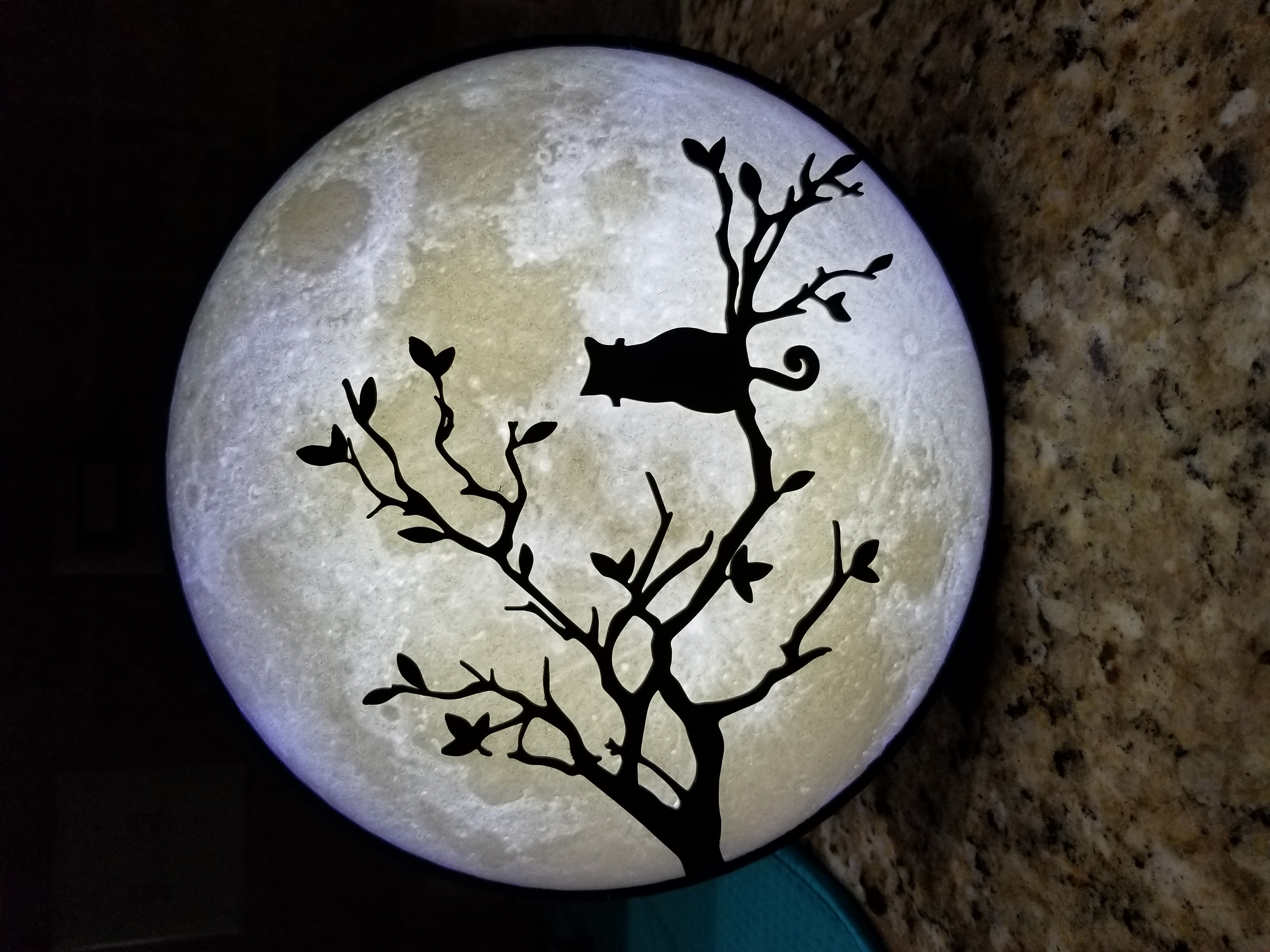 Cat on branch watching moon lithophane - moonlight serenade