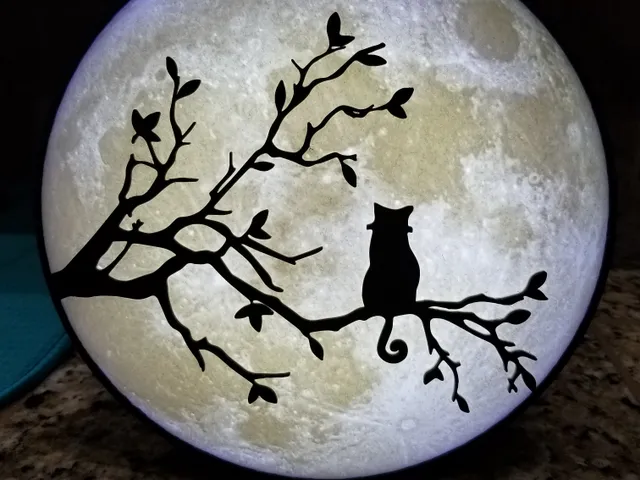 Cat on branch watching moon lithophane - moonlight serenade