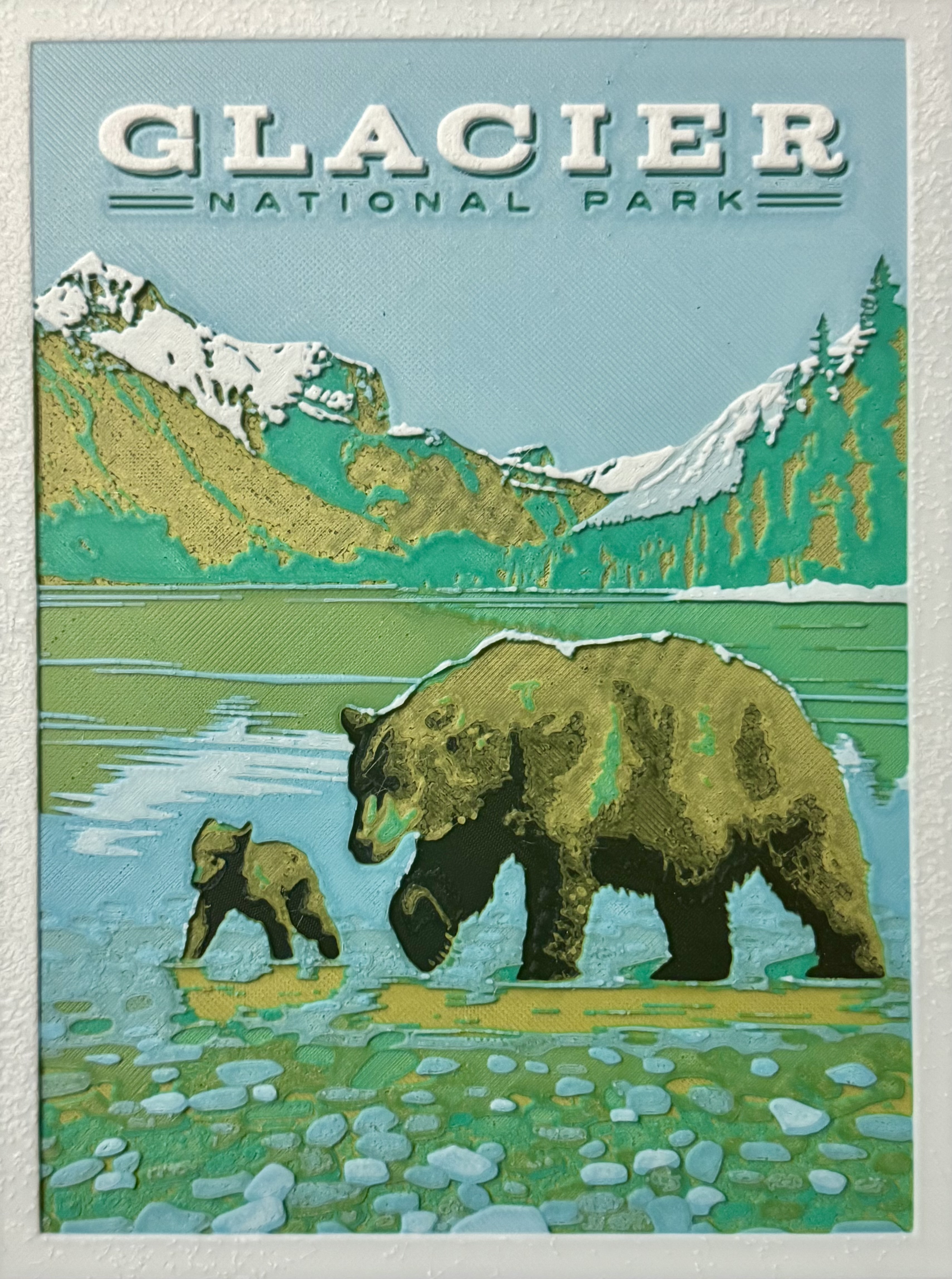 Glacier National Park Poster with Bears and Mountains (HueForge)
