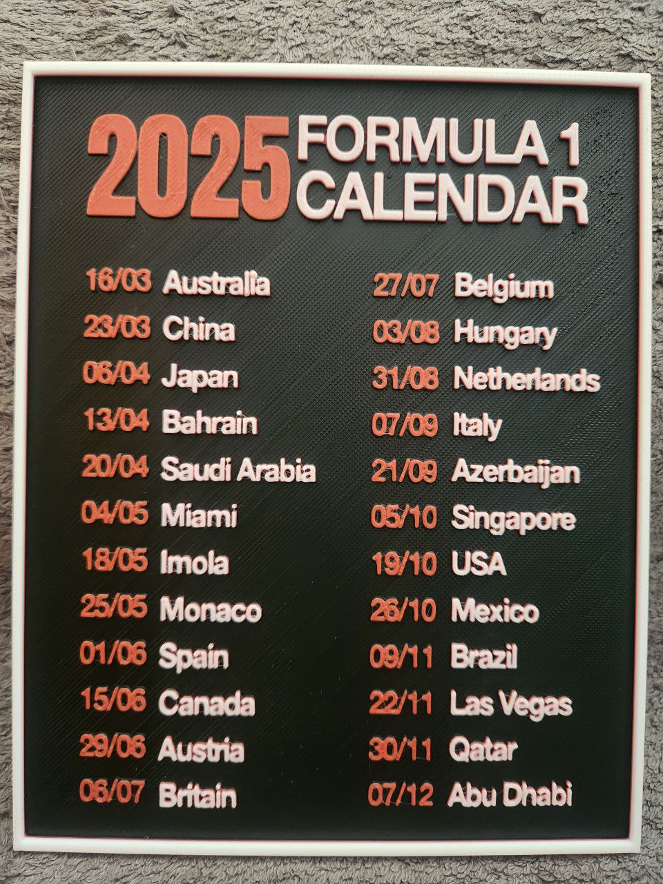 Calendar F1 2025 - HueForge