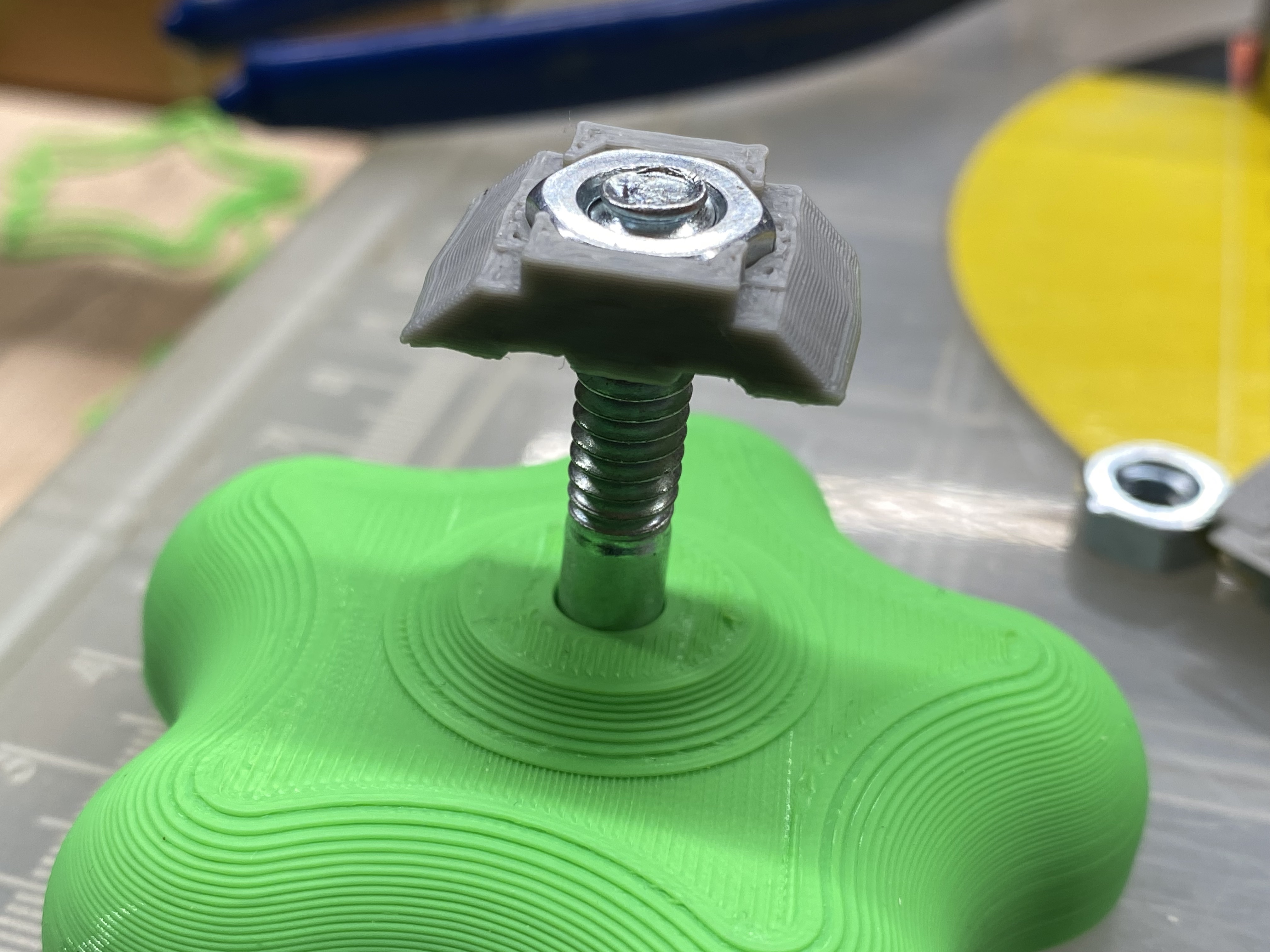 Made for 15120 aluminum extrusion. Make t-nuts / t-bolts out of regular 1/4"-20 hardware using this printed adapter v1.0