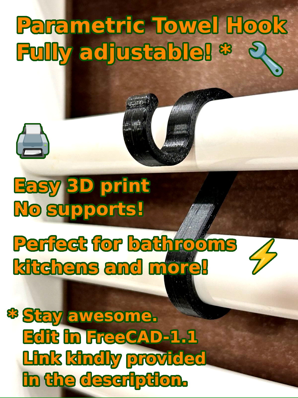 Sturdy parametric towel hook hanger with snap fit! no supports - easy make!
