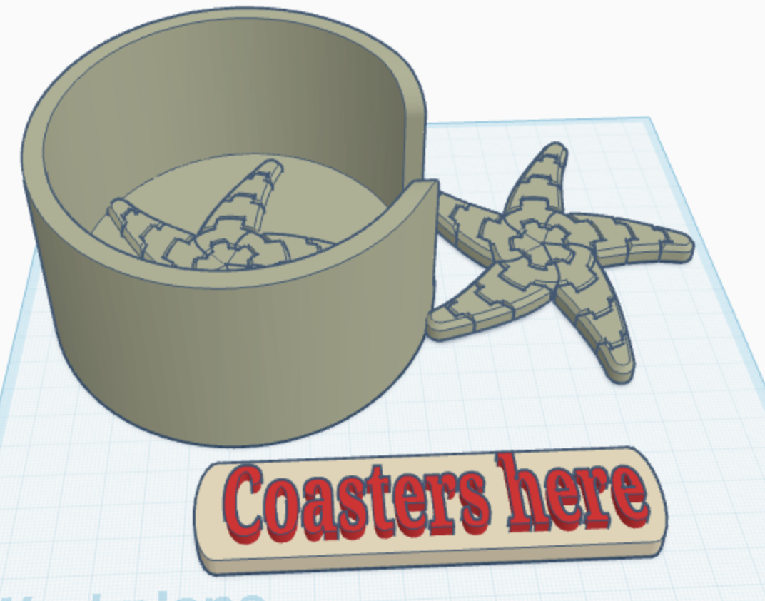 DON'T WASTE YOUR FILAMENT, COASTER STARFISH WITH HOLDER [RIGHT DIMENSIONS] And title that stands up saying coasters here 3D model thumbnail