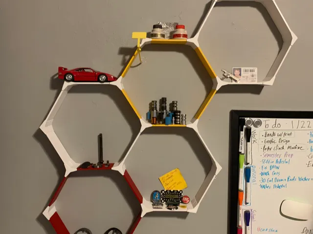 Strong fully 3D printed 10.25" hexagonal shelf system