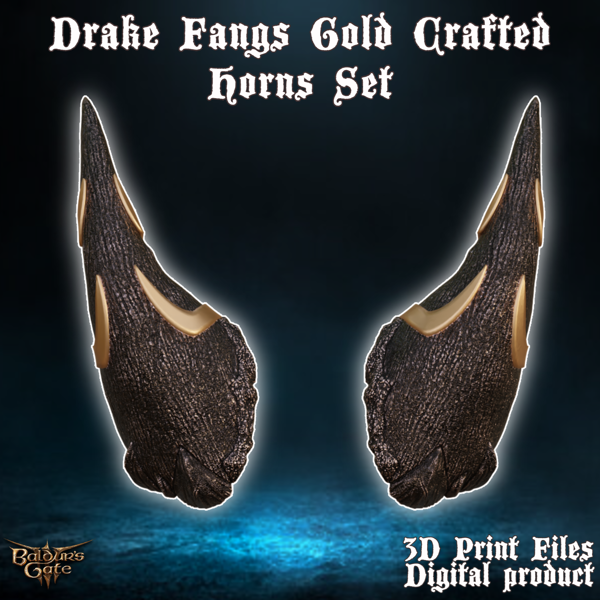 Fantasy Drake Fangs Gold Crafted Horns Set Baldurs Gate 3