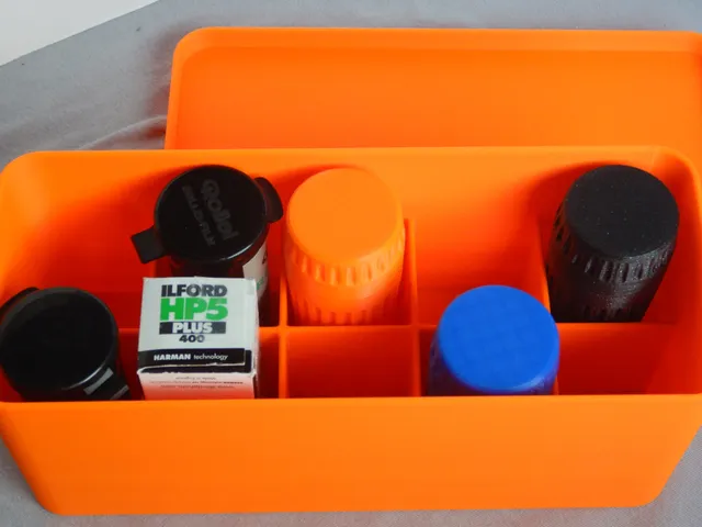 Schachtel mit Unterteilung für 120 Filmdosen oder Schachteln; Box with dividers for 120 film canisters or boxed film
