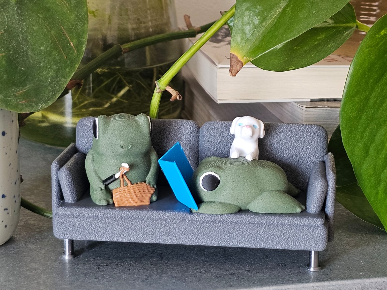 Frogs relaxing on sofa