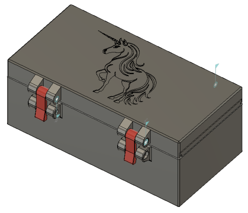Box with 2 trays and hidden compartment in lid and embossed unicorn
