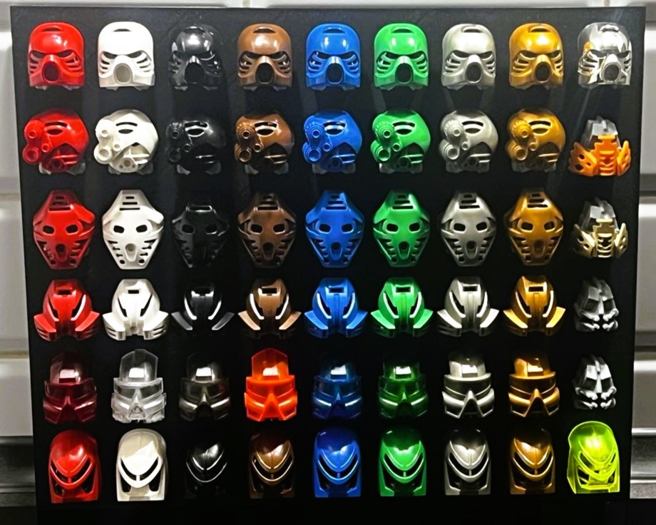 Bionicle Kanohi and Krana mask exhibition boards
