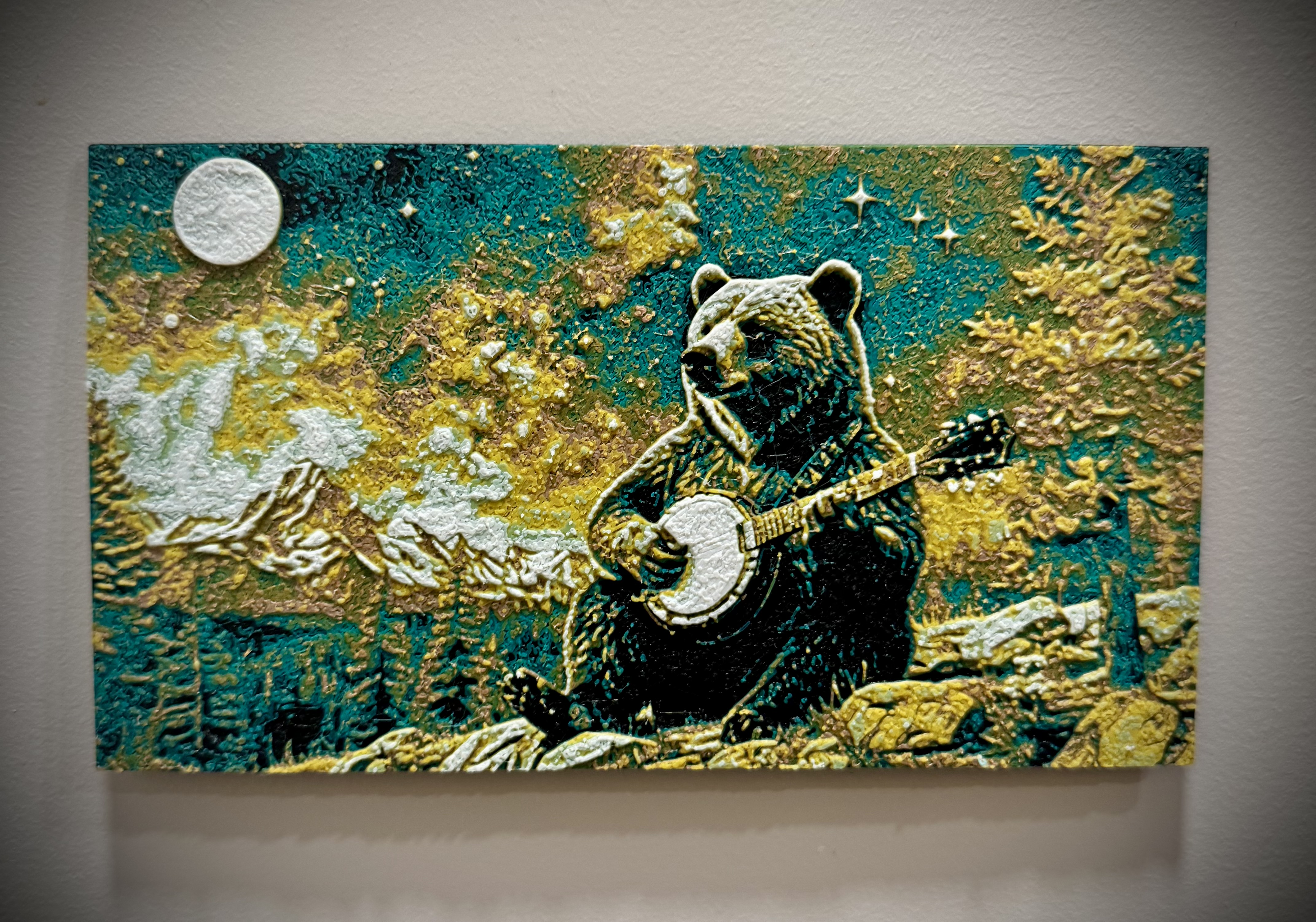 Bear Playing Banjo HueForge Cosmic Psychedelic Colorful Painting with Mountains and the Moon