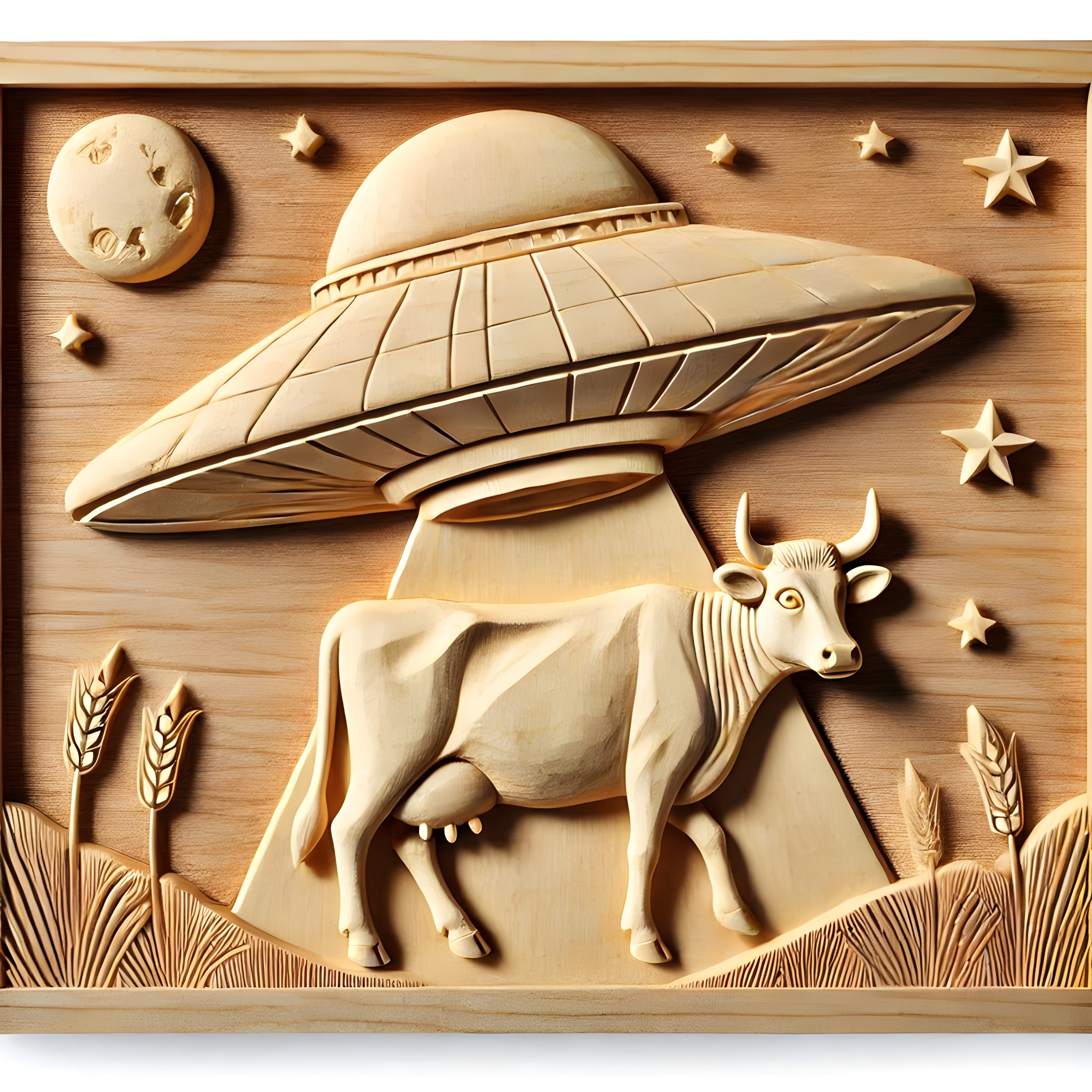 UFO Cow Abduction Scene -  Bas Relief Sculpture