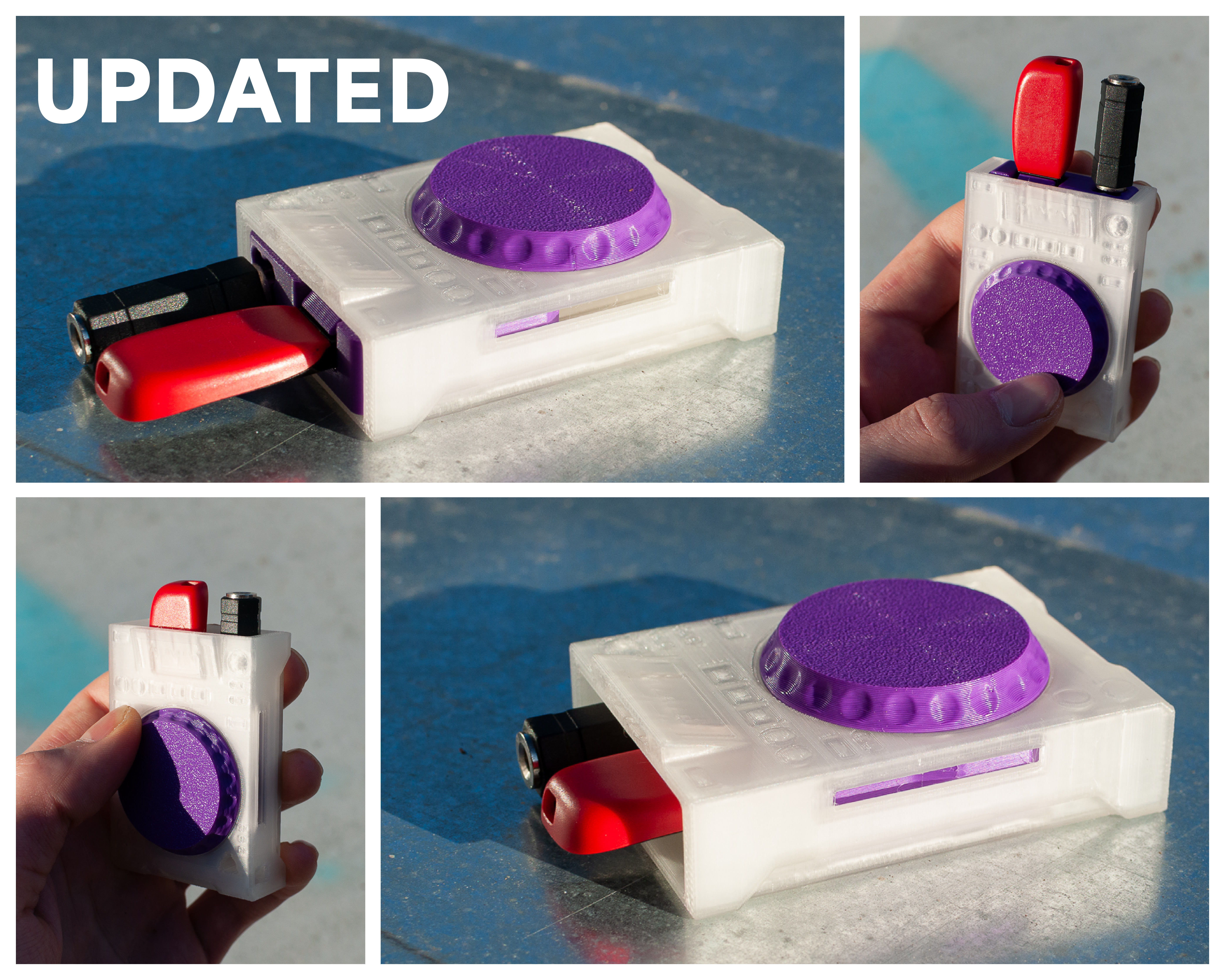 UPDATED Mini CDJ USB-stick, AUX-jack & micro SD-card container with spinning disc (V2)