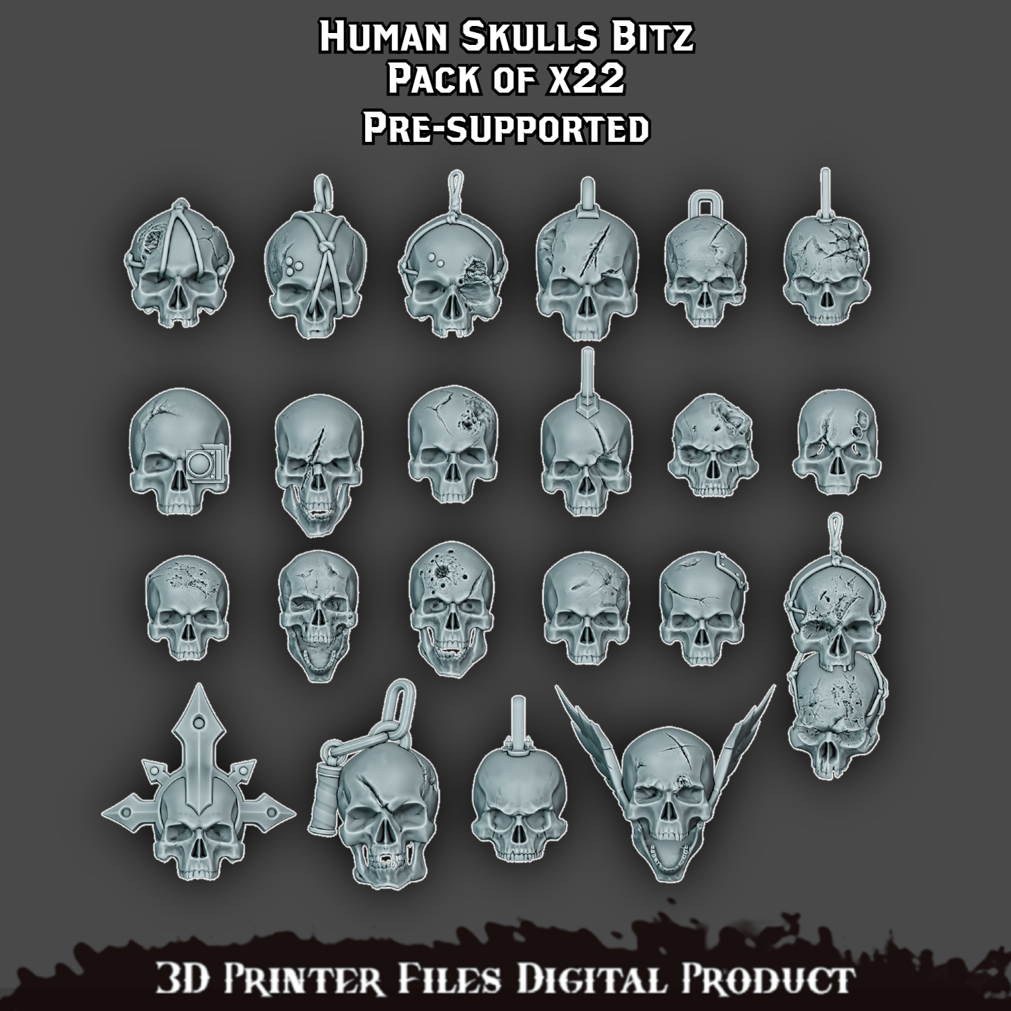 Human skull set Wargame Miniature Pre Supported