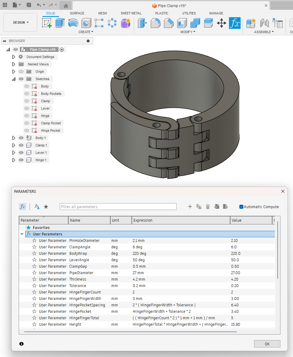 Print-in-place tube clamp, fully parametric