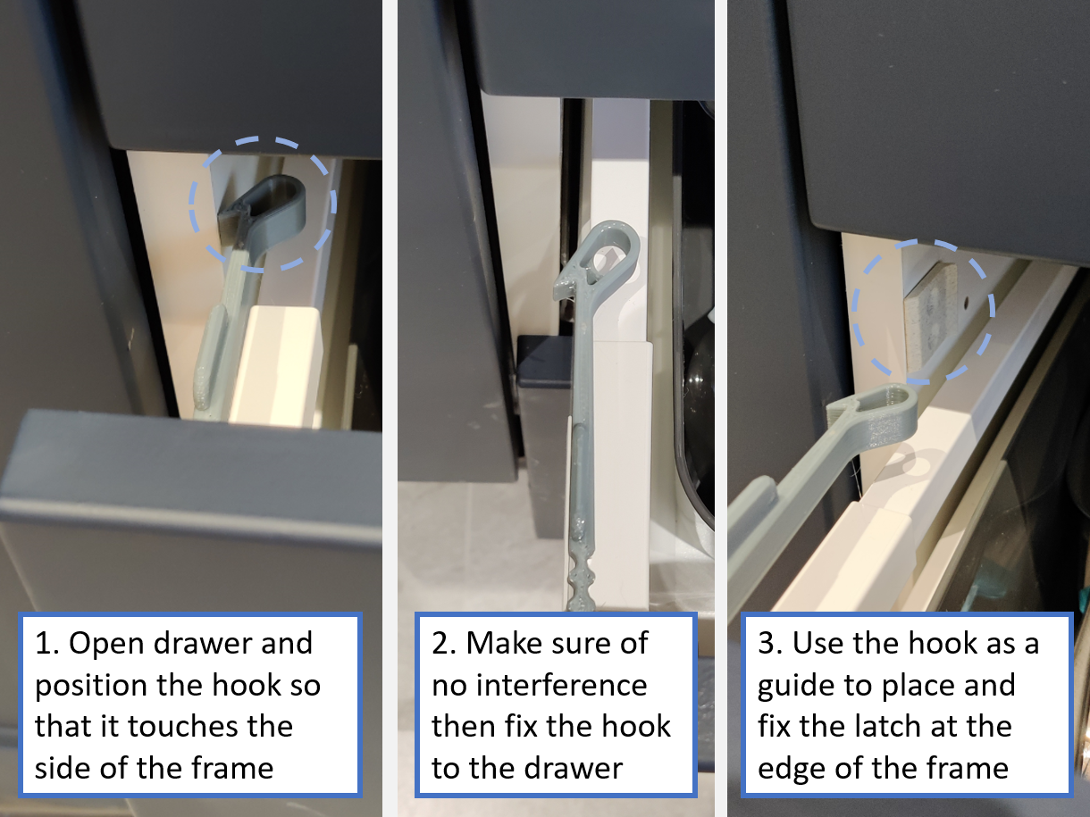 Drawer safety lock - Hook and latch