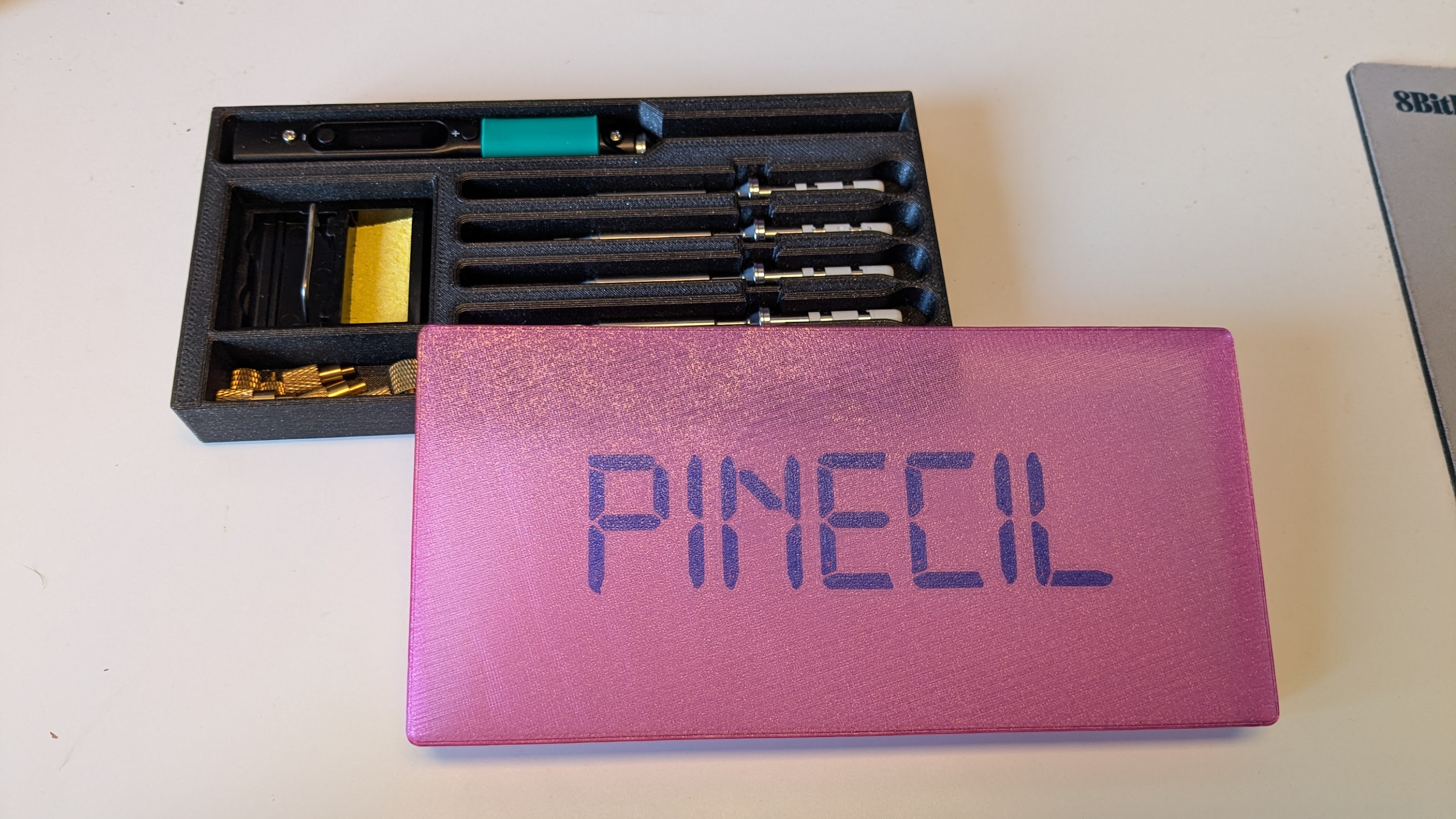 Pinecil case for 5 tips, mini stand and insert adapters and a cable buddy