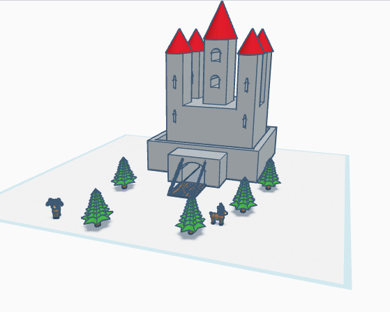D&D Castle with drawbridge, trees, and deer