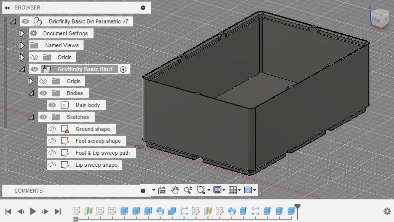 Gridfinity Fusion360 parametric bin and baseplate, with lip notches (no magnets)