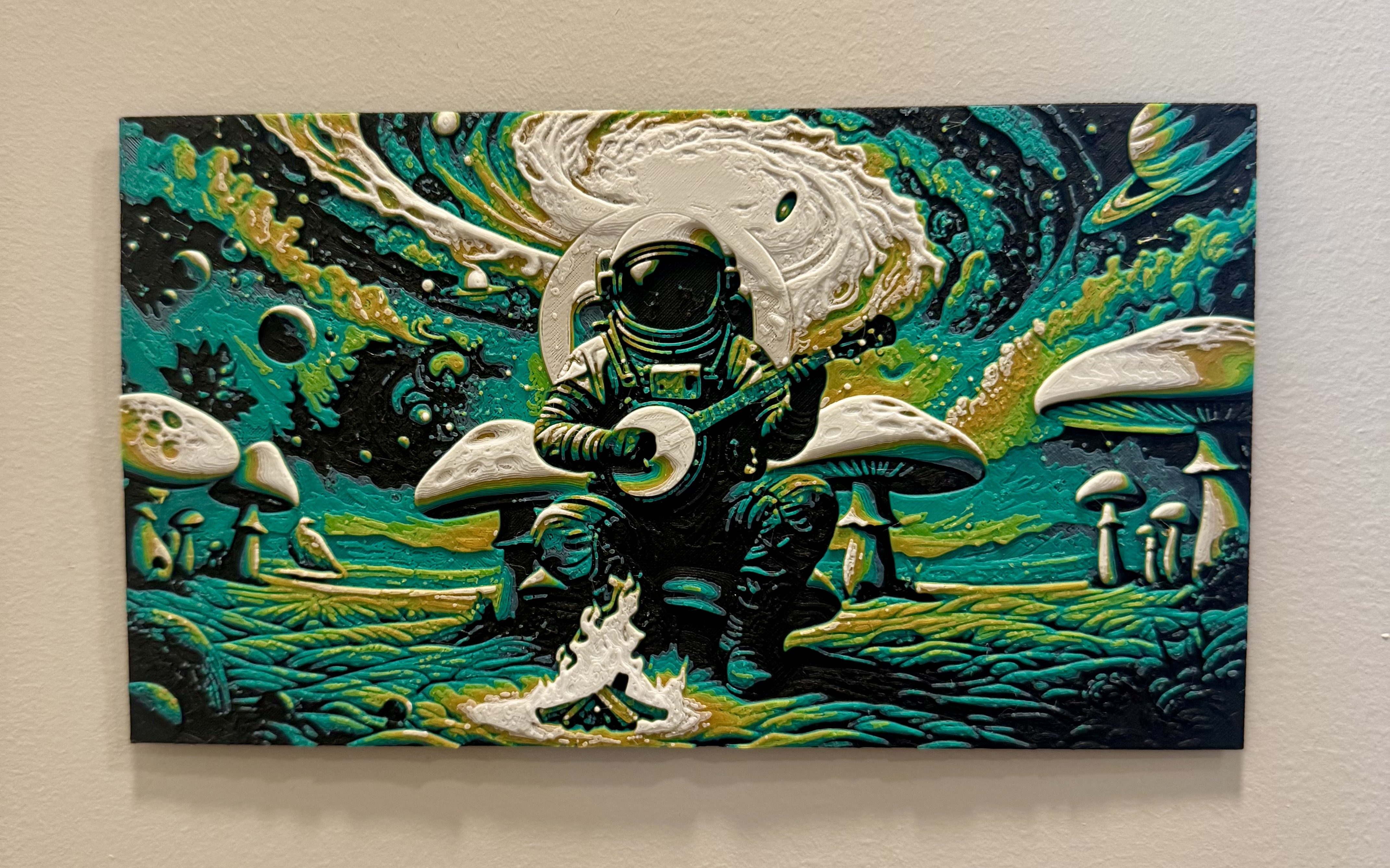 Space Banjo Astronaut Painting with Mushrooms and a Campfire (HueForge)