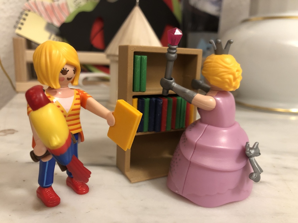 Playmobil toy bookshelf with books