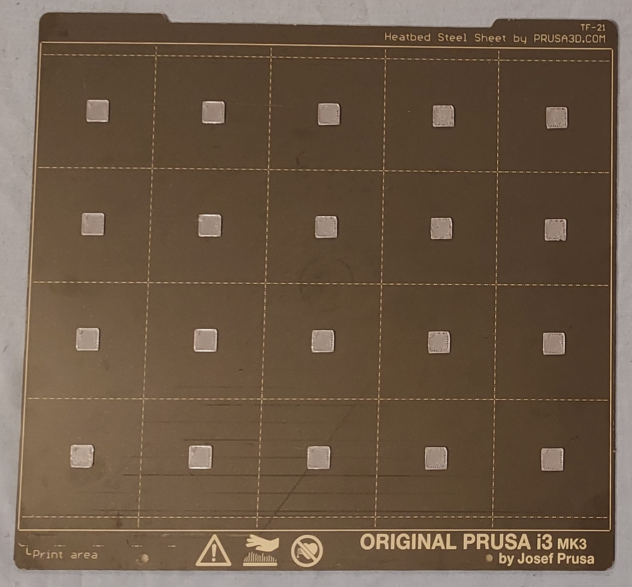 First Layer Calibration Squares (5x4 matrix, 10x10mm areas)