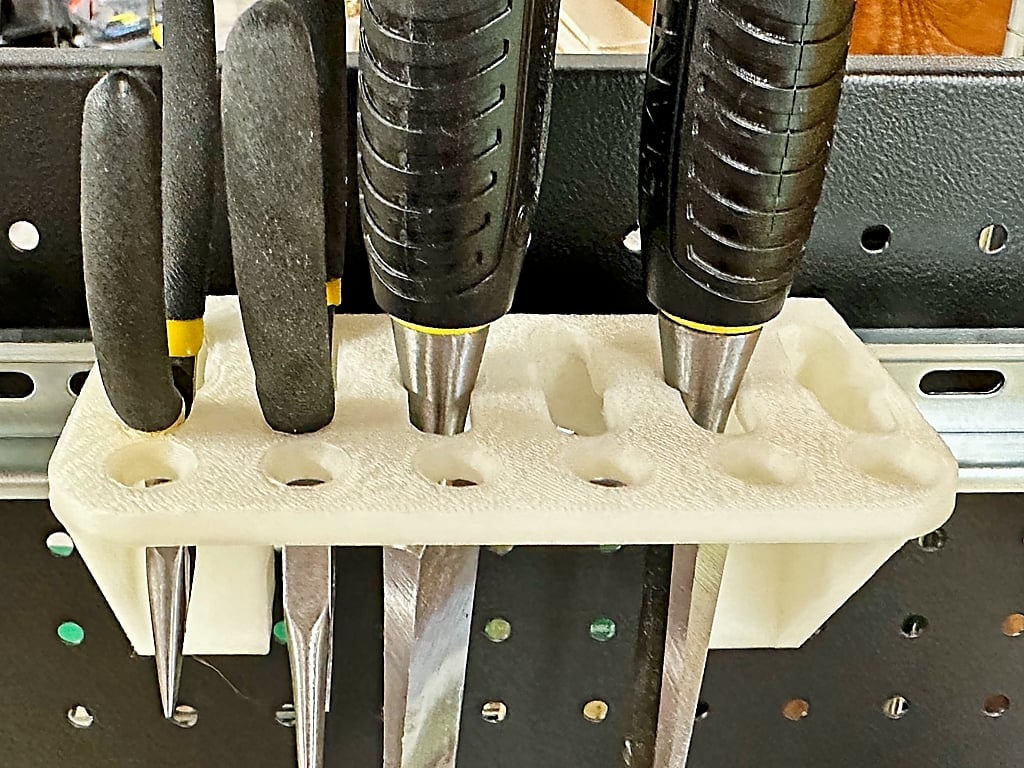 A DIN rail mounting bracket to hold chisels, pliers, scissors, and other such things